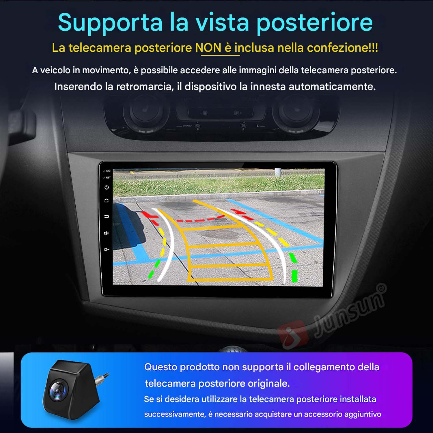 Schermo autoradio che mostra una vista posteriore, con linee di parcheggio e interni auto.