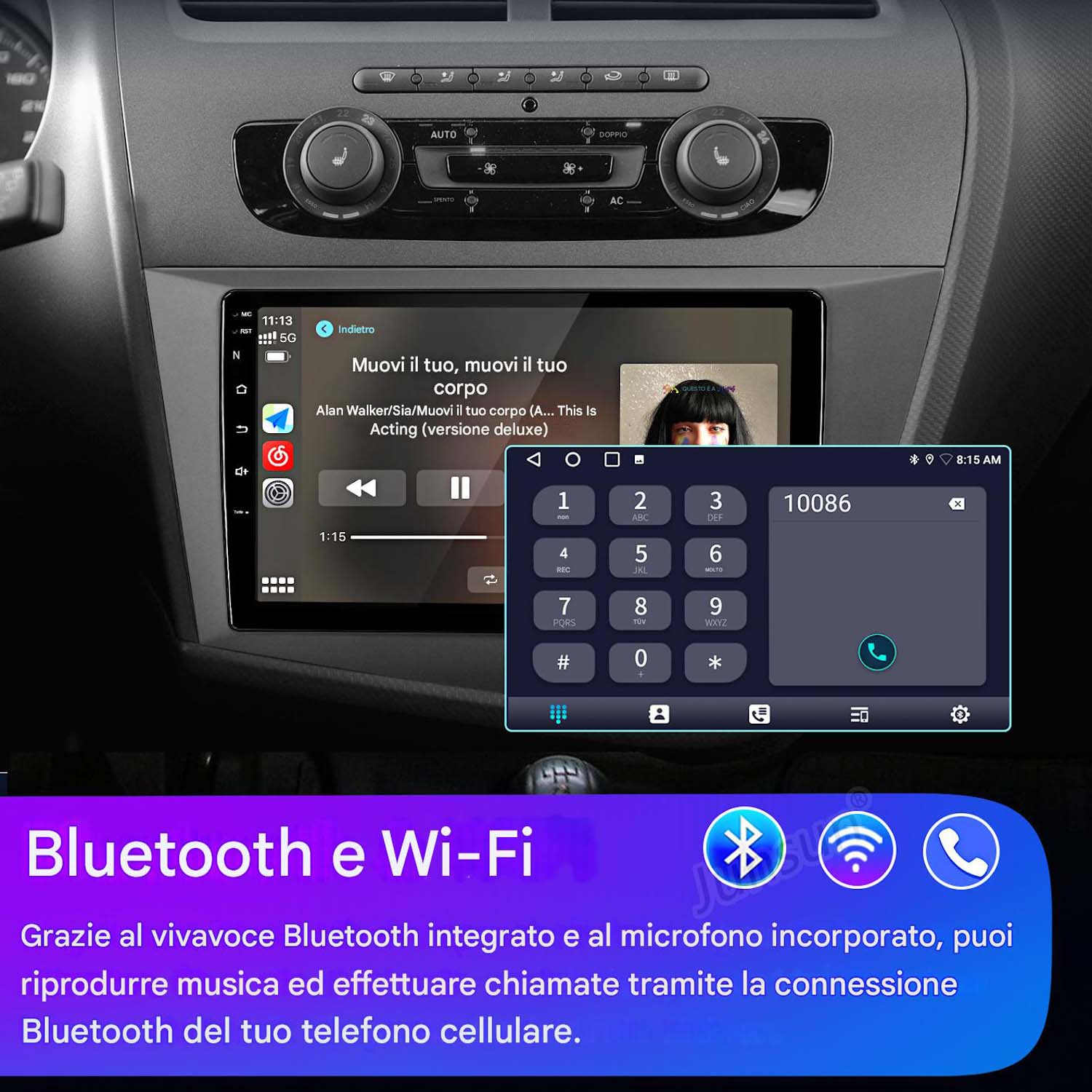 Display autoradio che mostra un dialer telefonico e un'interfaccia del lettore musicale.