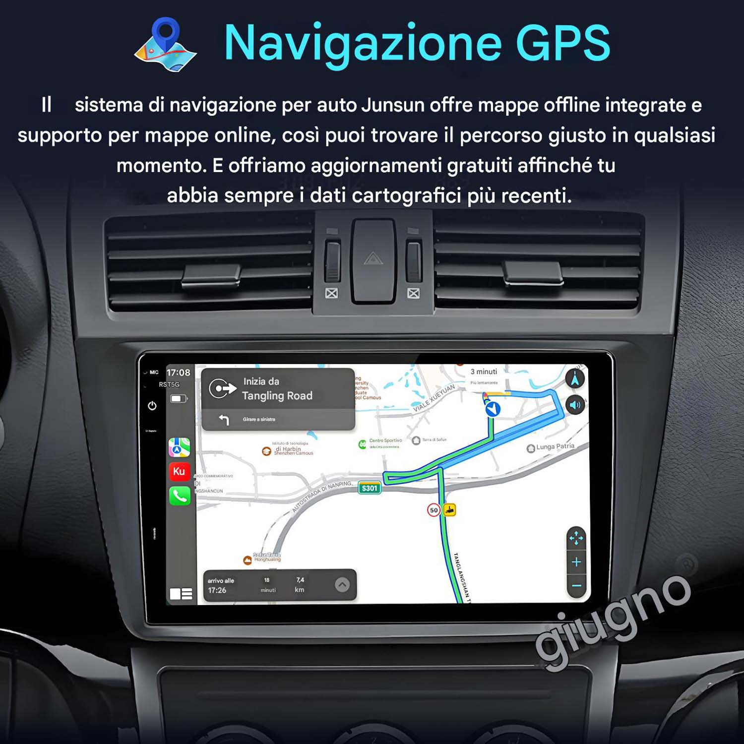 Sistema di navigazione dell'auto che mostra una mappa sullo schermo del cruscotto.