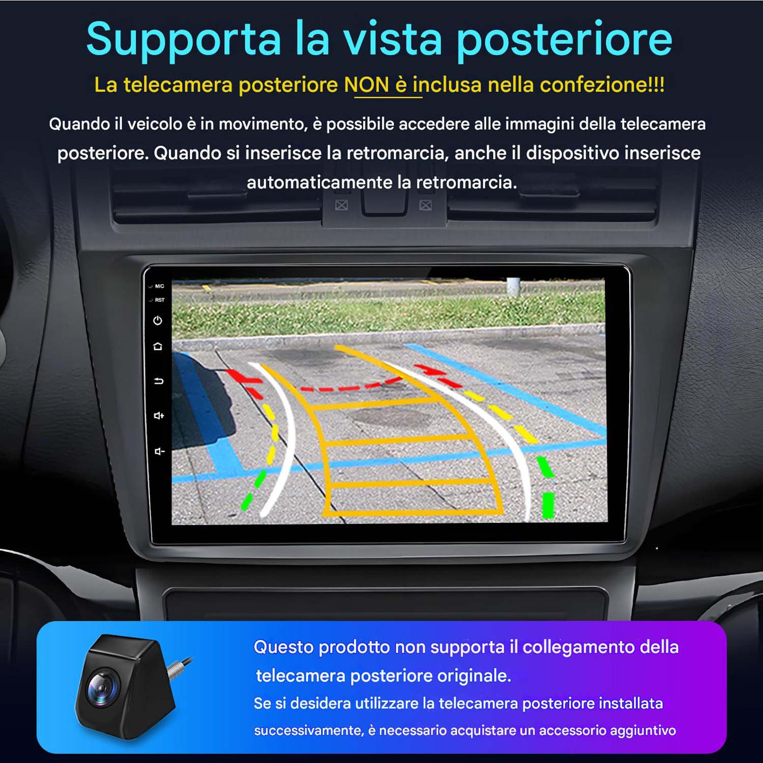 Schermo autoradio che mostra il feed della telecamera posteriore con le linee guida di parcheggio.
