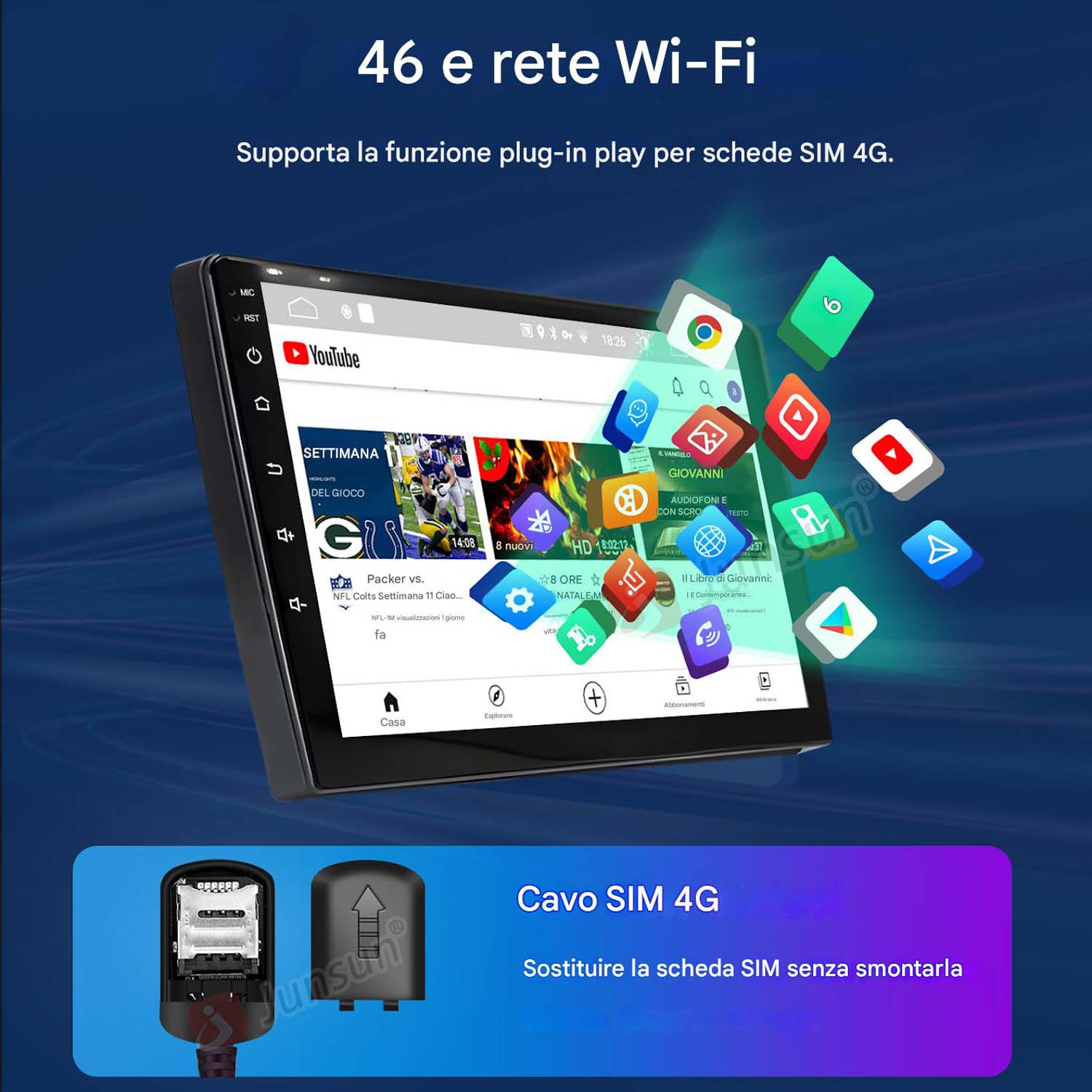 Display autoradio con icone app e slot SIM con SIM 4G.
