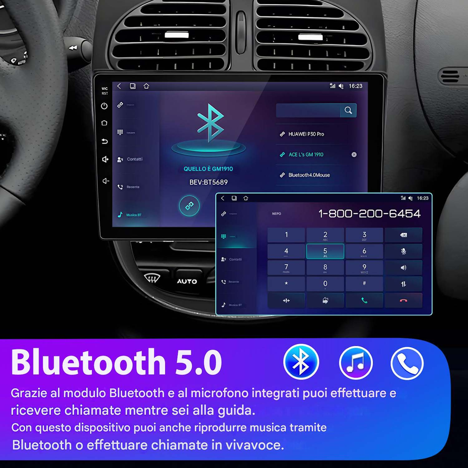 Schermo autoradio che mostra le opzioni di connessione Bluetooth e un tastierino numerico.