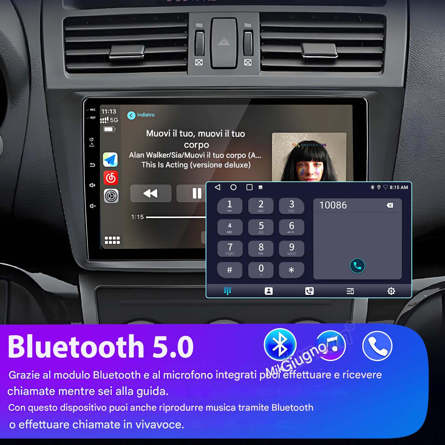 Display autoradio che mostra un dialer telefonico e un'interfaccia del lettore musicale.