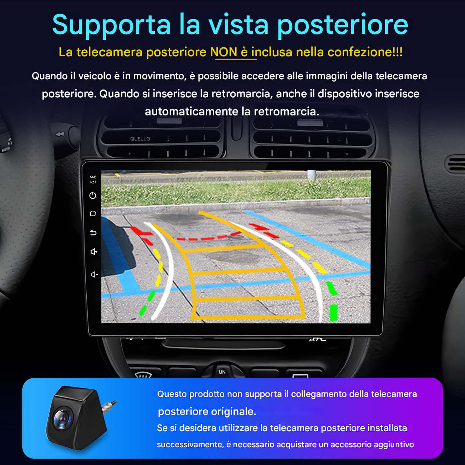 Schermo autoradio che mostra una vista posteriore, con linee di parcheggio e interni auto.