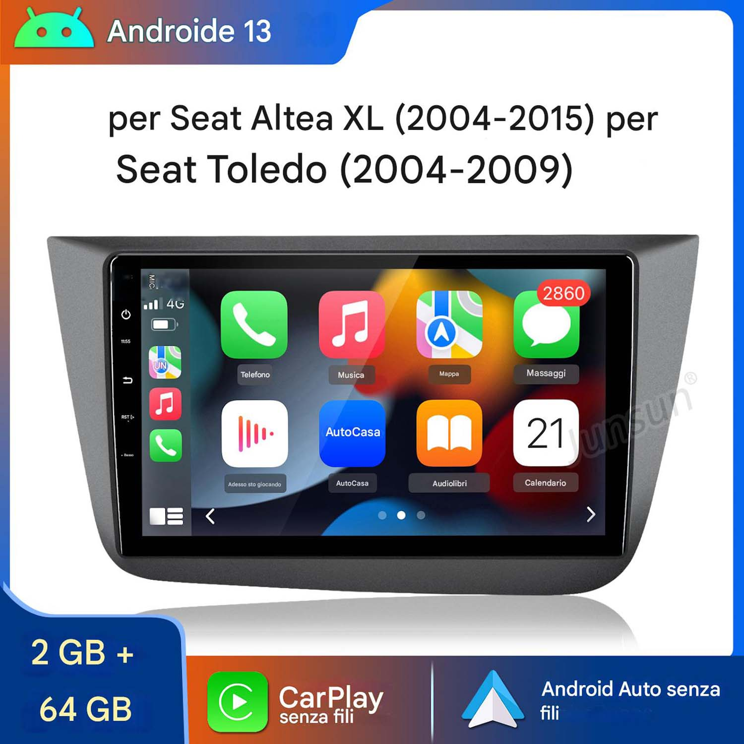 Schermo autoradio con icone app e loghi Android Auto/CarPlay.