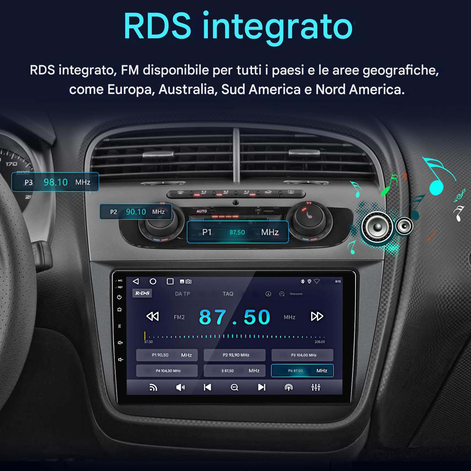 Schermo dell'autoradio che mostra le frequenze radio: FM2 a 87,50 MHz. L'ora è 6:15.