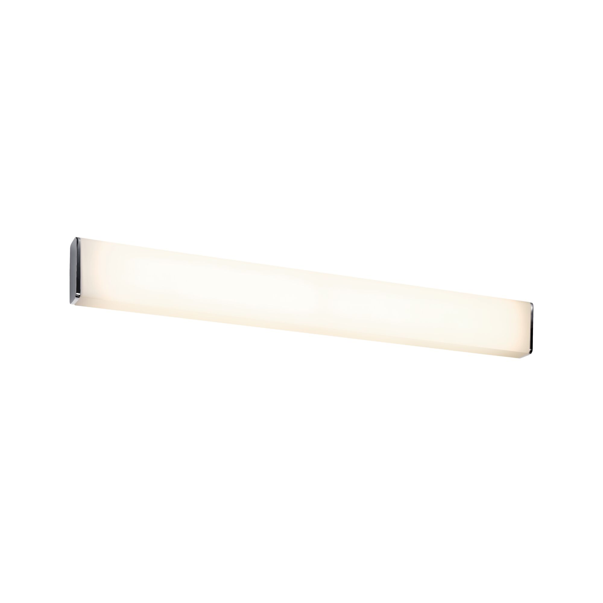 Apparecchio di illuminazione lungo, rettangolare, illuminato con cornice metallica, su bianco.