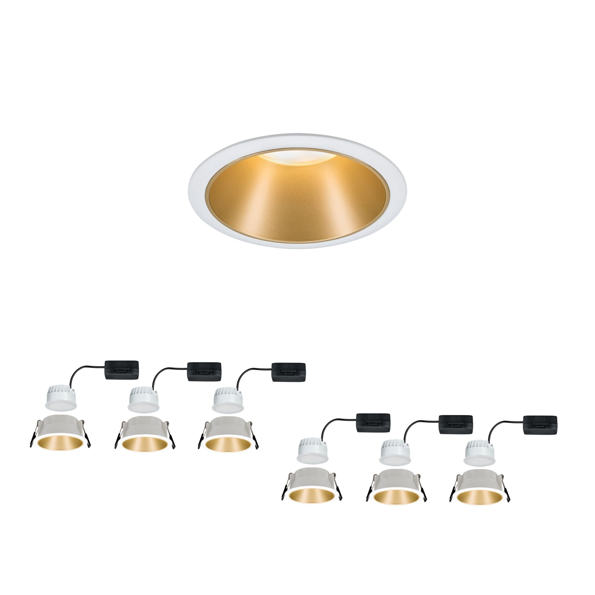 Wiele opraw wpuszczanych i ich sterowniki. Oprawy mają złote wnętrze i biały wygląd zewnętrzny.