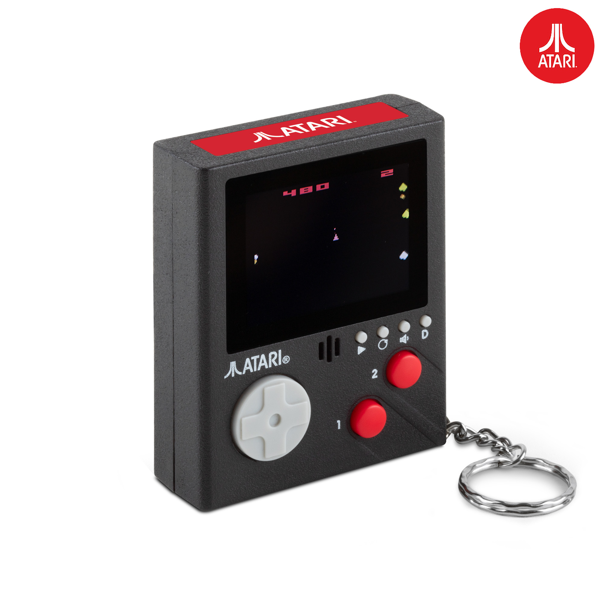 A black Atari handheld game console with a game screen.