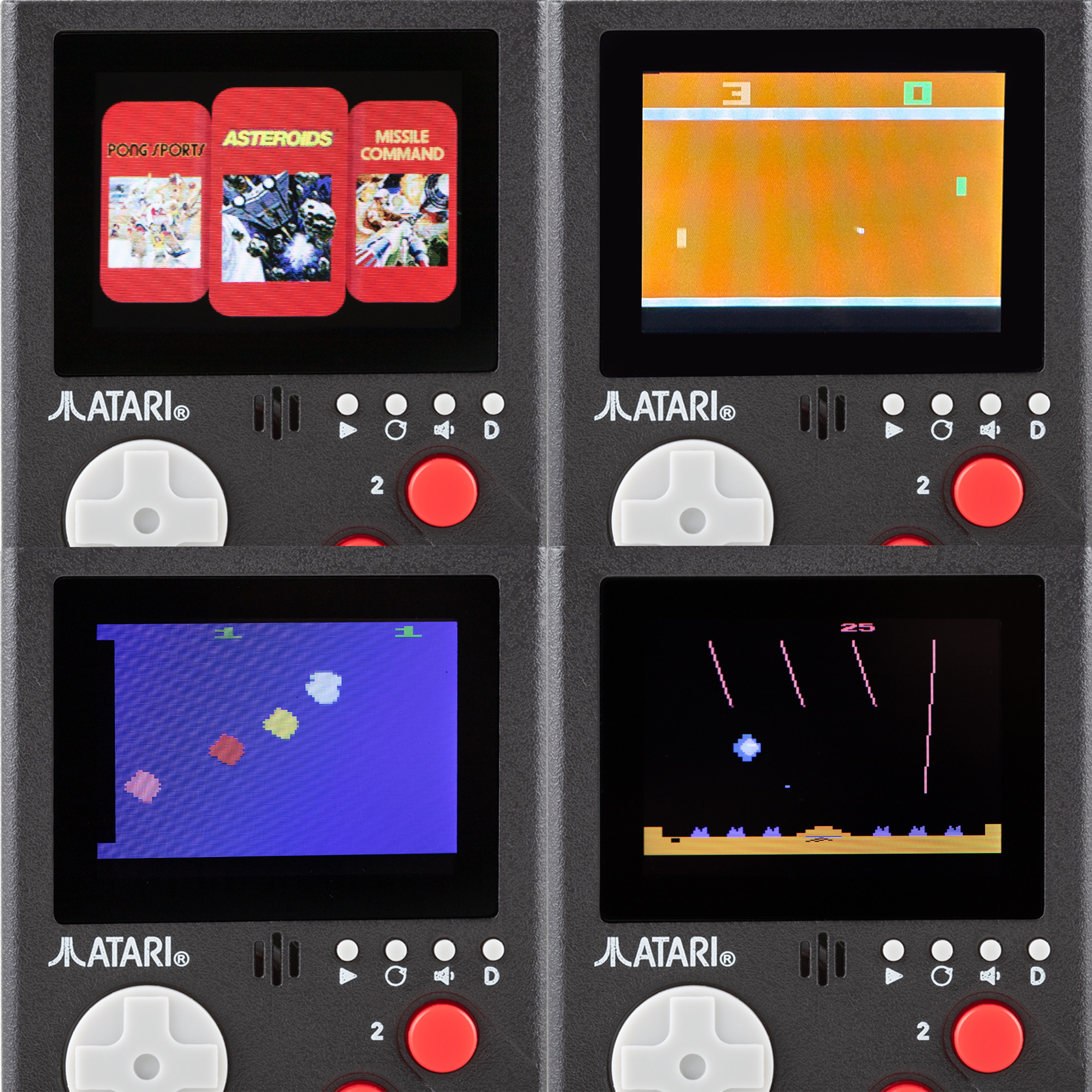 Four game consoles: Pong Sports, Asteroids, and Missile Command. Games are shown on small screens. Red buttons and joystick.