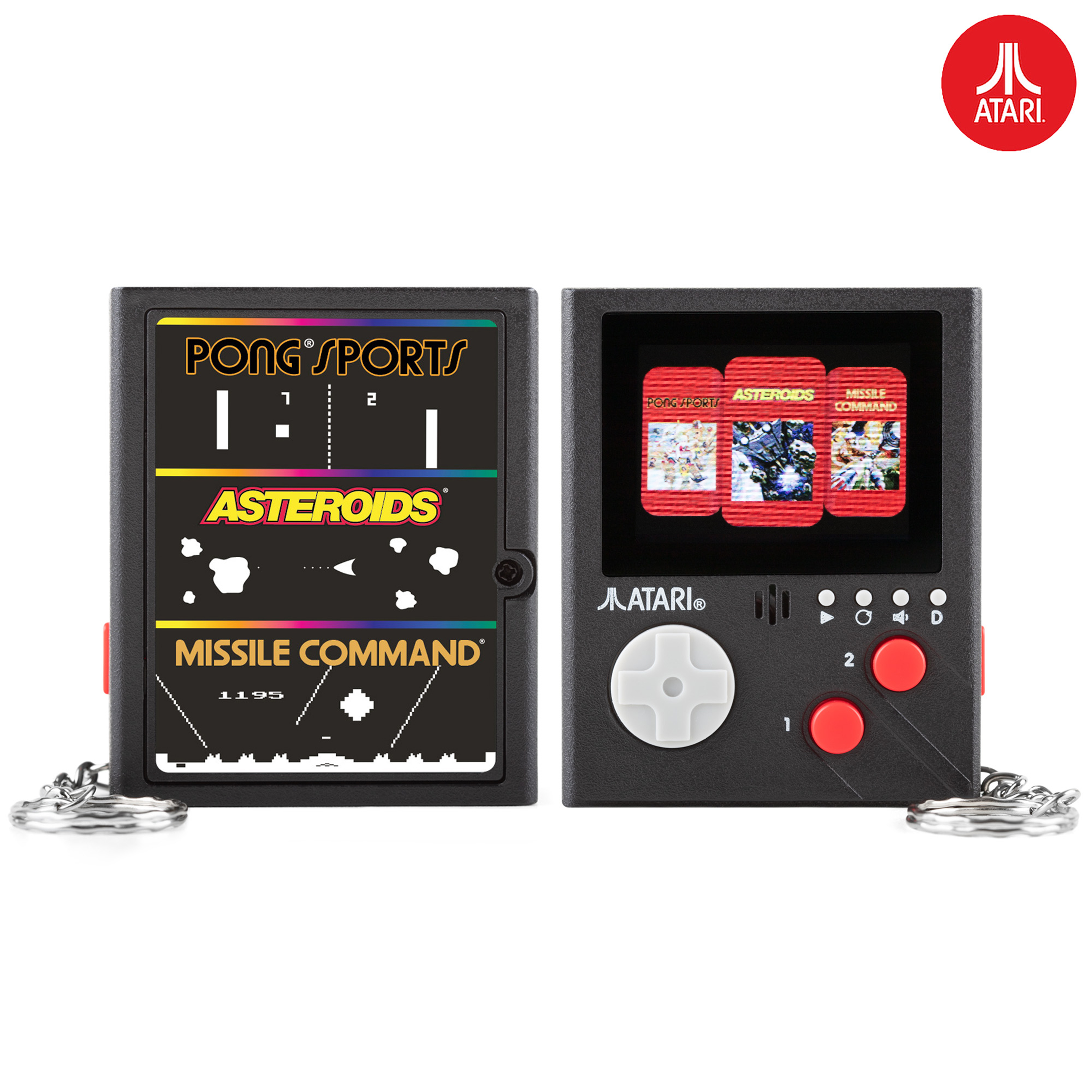 Black handheld game console with games: Pong, Asteroids, Missile Command. Red buttons, white joystick, and Atari logo.