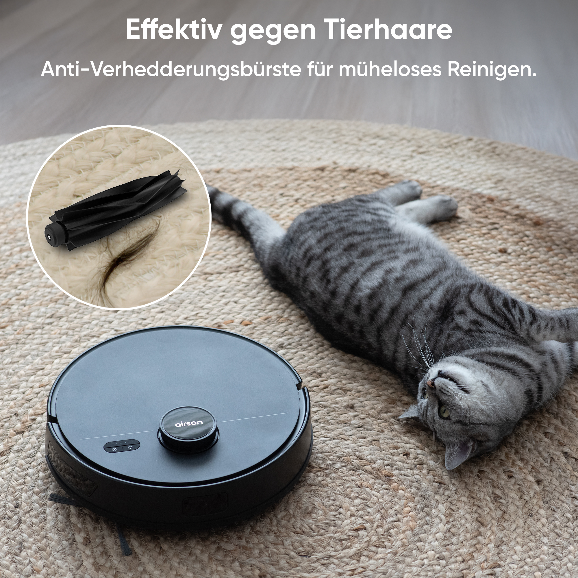Ein Roboter-Staubsauger reinigt einen Teppich. Eine Katze liegt auf dem Teppich. Eine Bürste wird auch mit Haaren gezeigt.