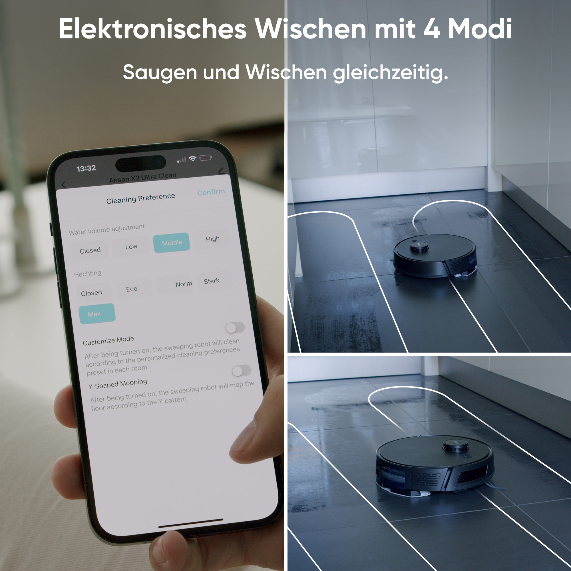 Smartphone zeigt Reinigungseinstellungen. Der Roboterstaubsauger reinigt den weißen Fliesenboden. Der Reinigungspfad wird angezeigt.