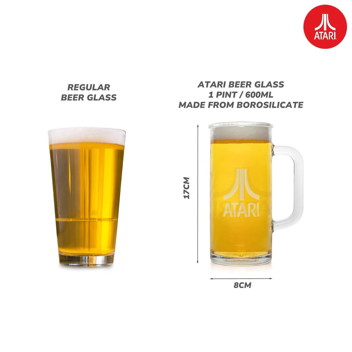 Een normaal bierglas en een Atari-bierglas, met afmetingen, naast elkaar.