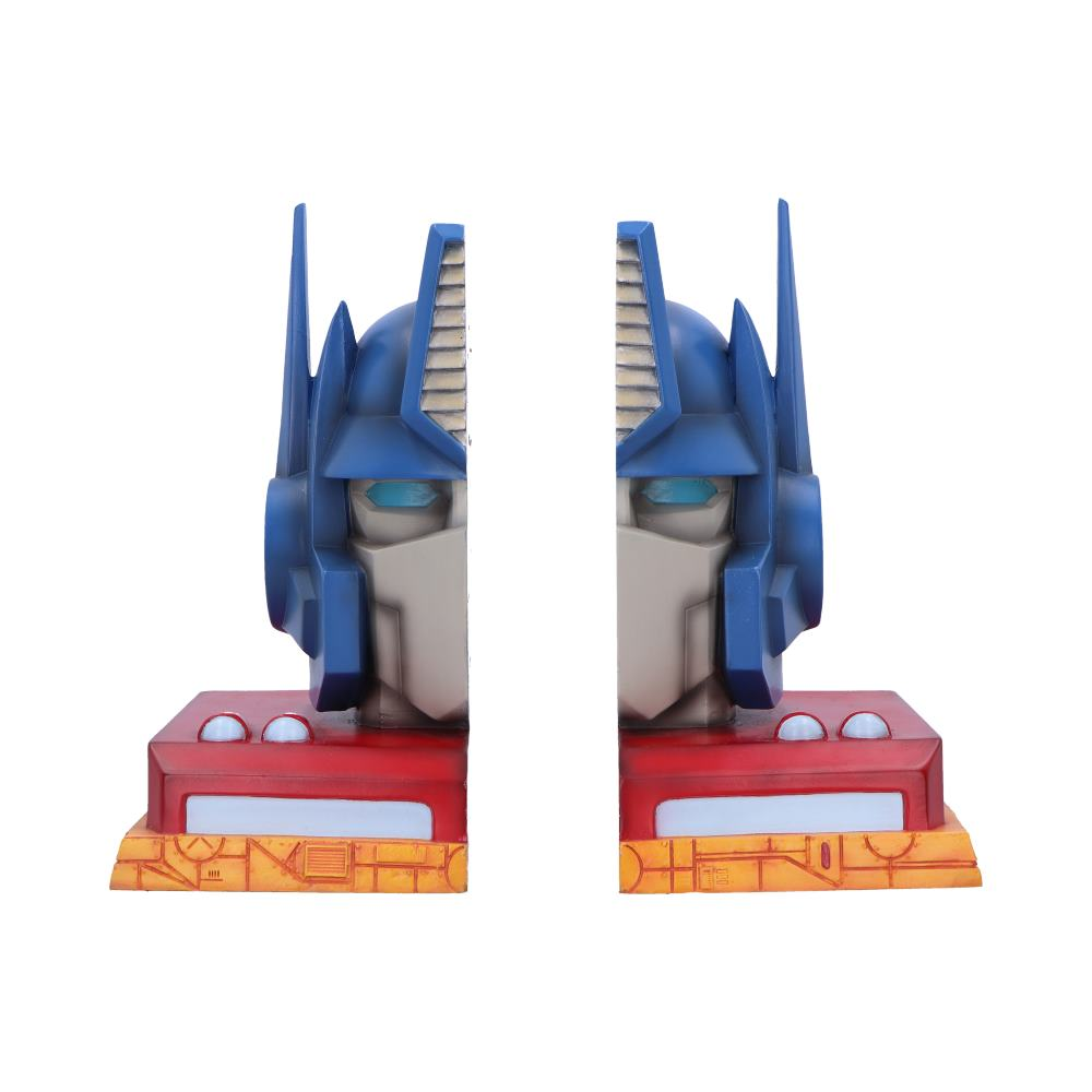 Twee Optimus Prime hoofdboekensteunen, rode basis, blauwe helm en grijs gezicht.