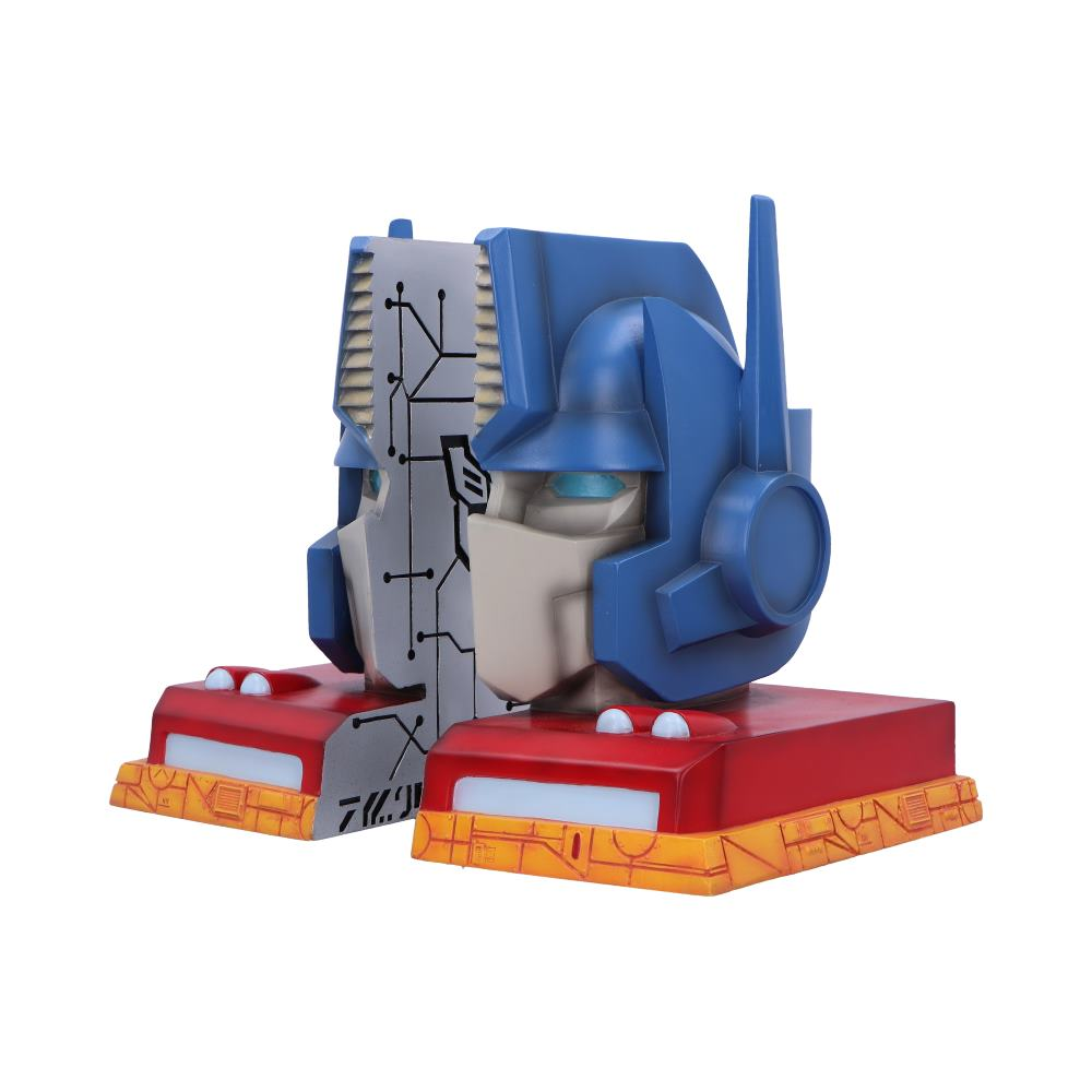 Twee Optimus Prime hoofdboekensteunen, één naar voren gericht, de andere met circuits.
