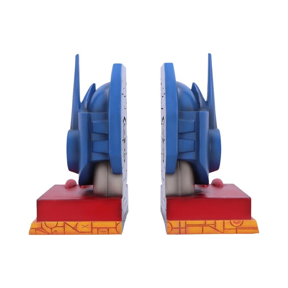 Twee blauwe Optimus Prime hoofdboekensteunen op rode bases, met witte achtergrond.