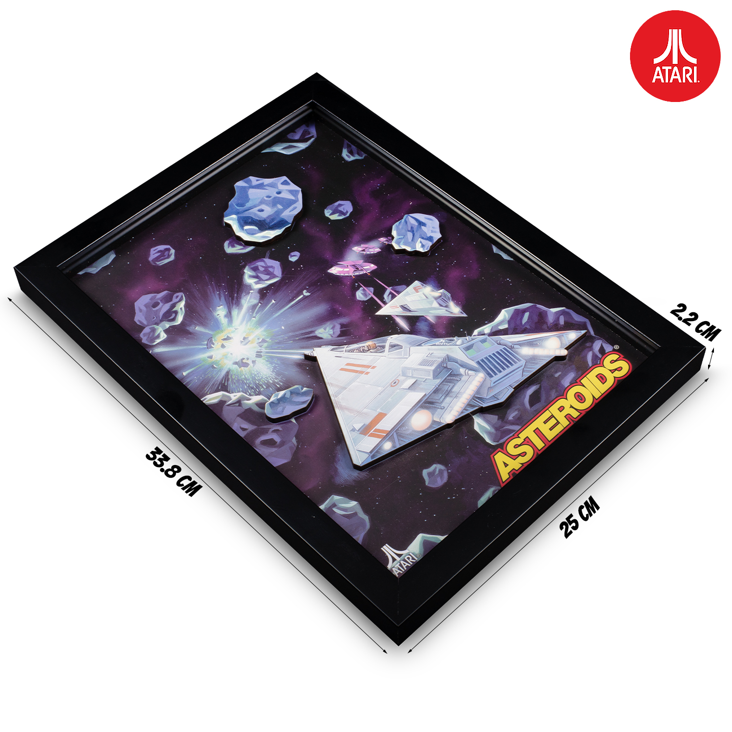 Ingelijste Atari Asteroids art. Zwart frame, ruimte achtergrond. Afmetingen aan de zijkant.