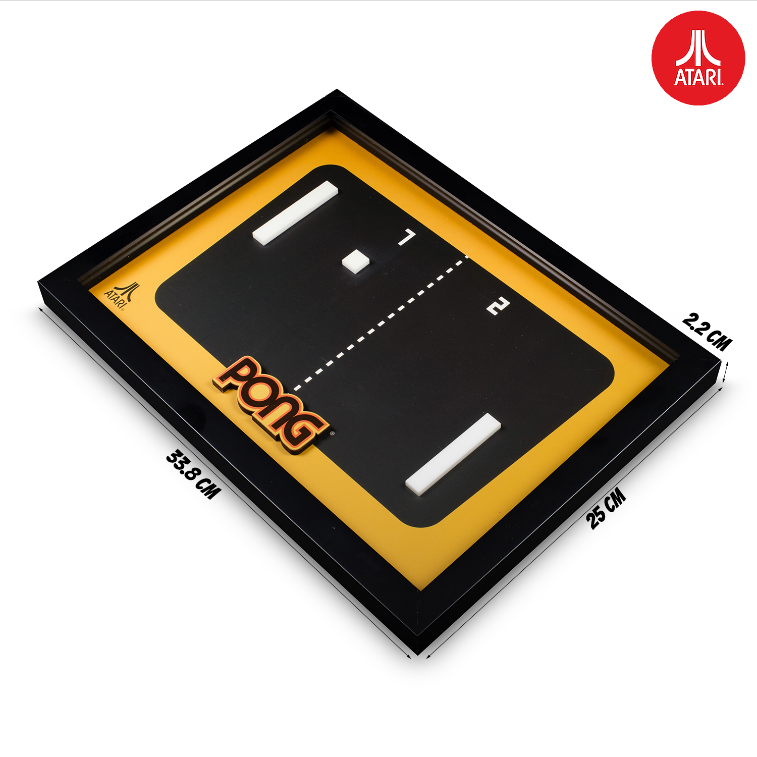 Ingelijkt Atari Pong-spel met zwart frame. Gele en zwarte achtergrond met afmetingen.