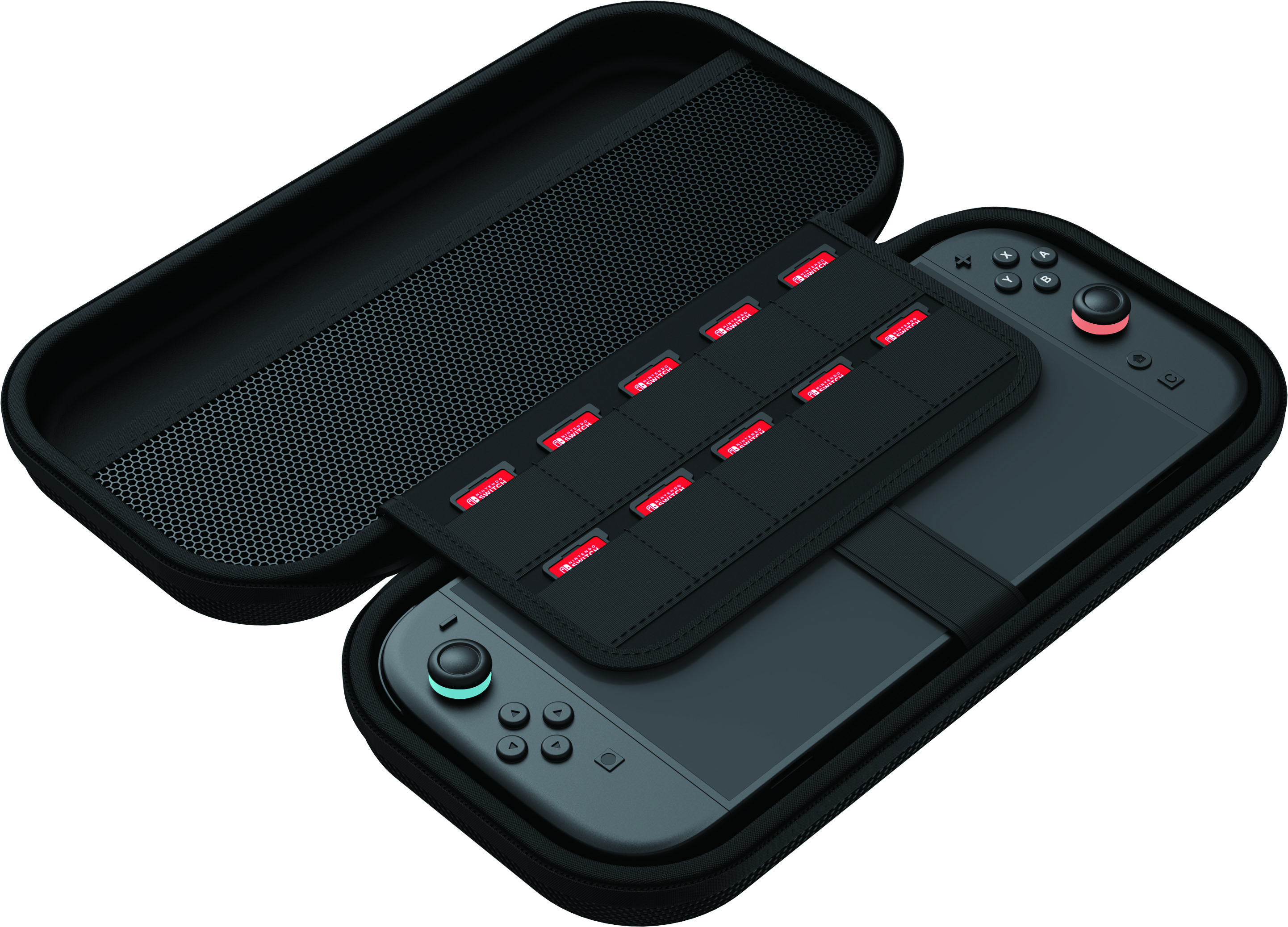 Black carry case opened, with Switch and game cards in it.
