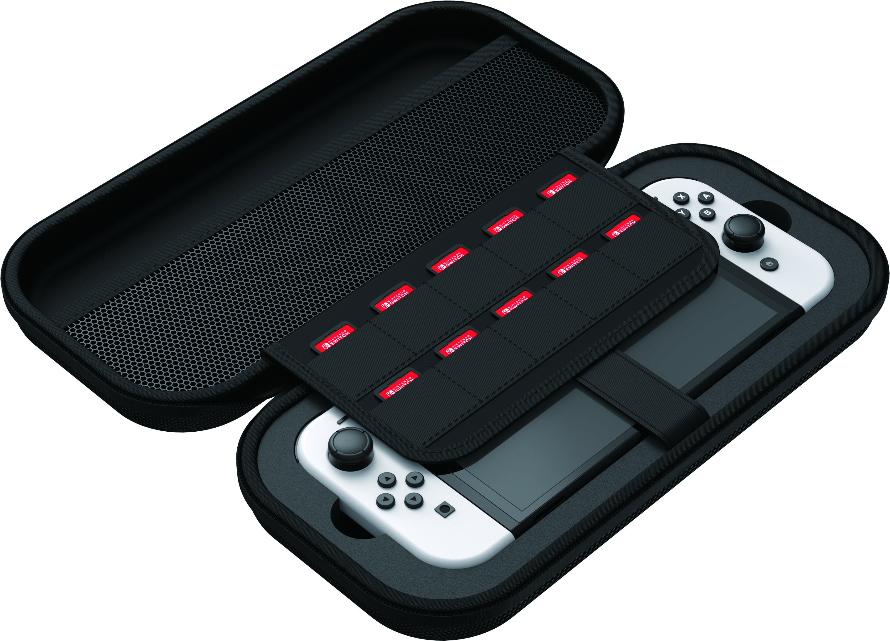 Black carry case opened, with Switch and game cards in it.
