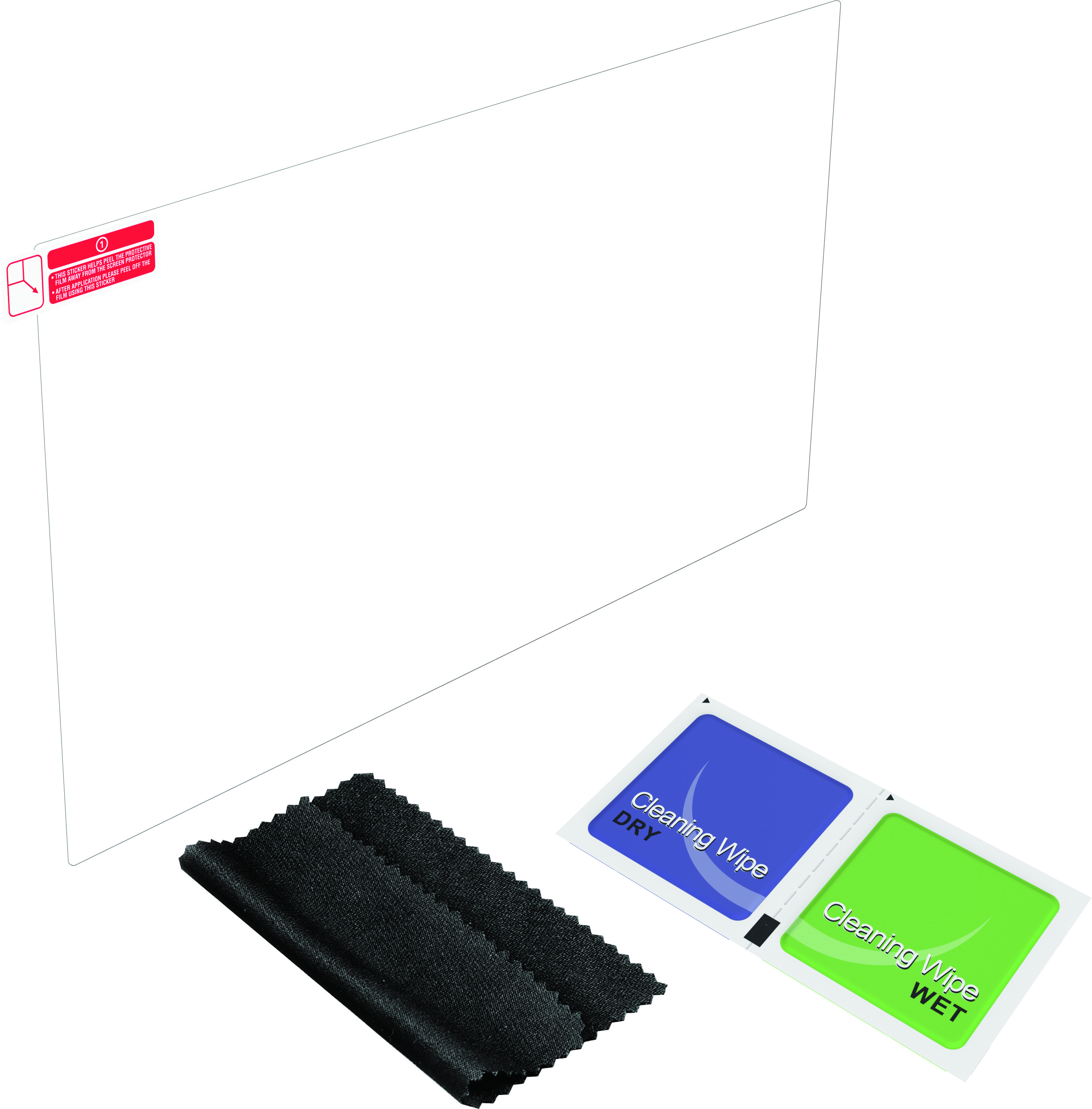 Screen protector, cleaning wipes, and a microfiber cloth on a white background.