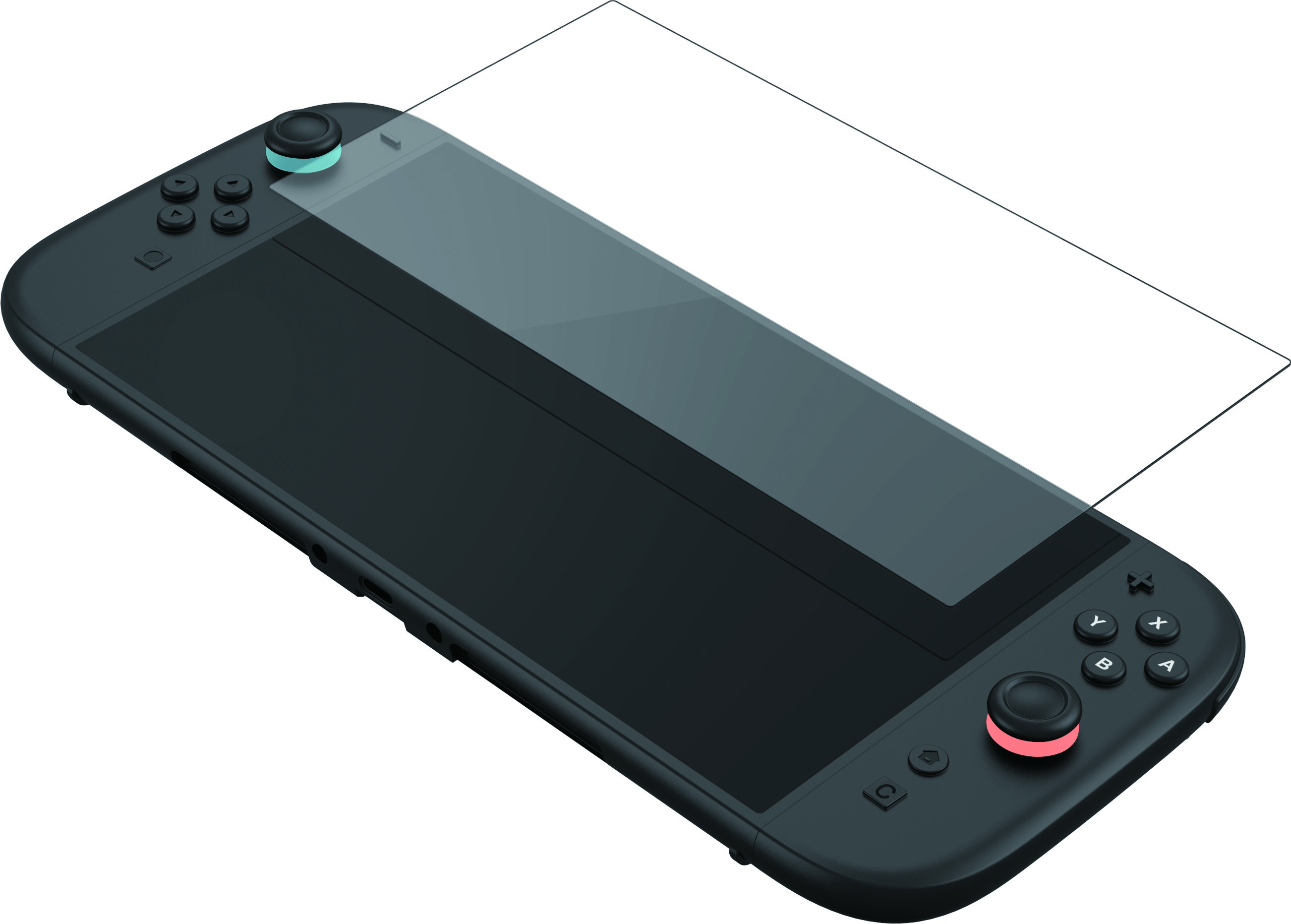 Black Nintendo Switch with a screen protector and two controllers.