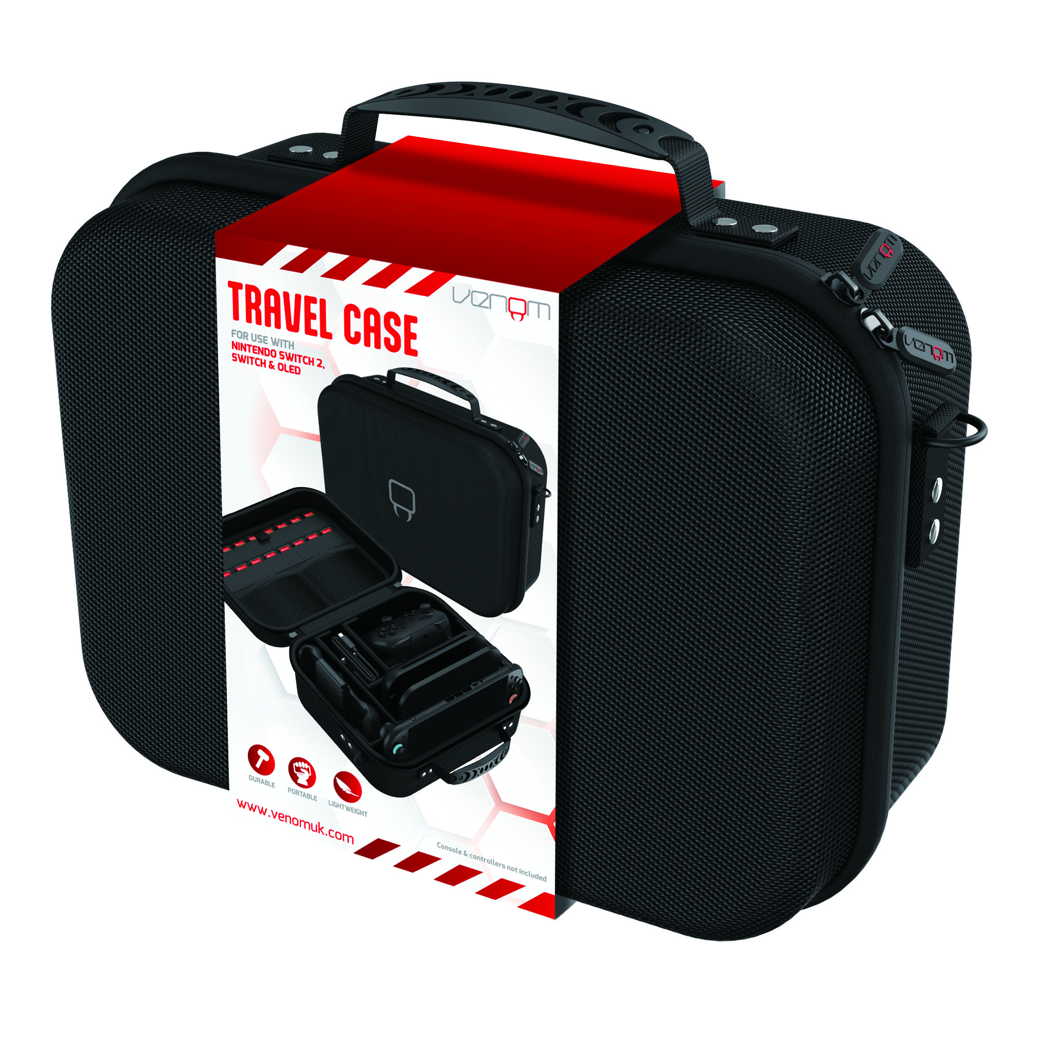 Zwarte en rode reiskoffer met een handvat, met een gameconsole.