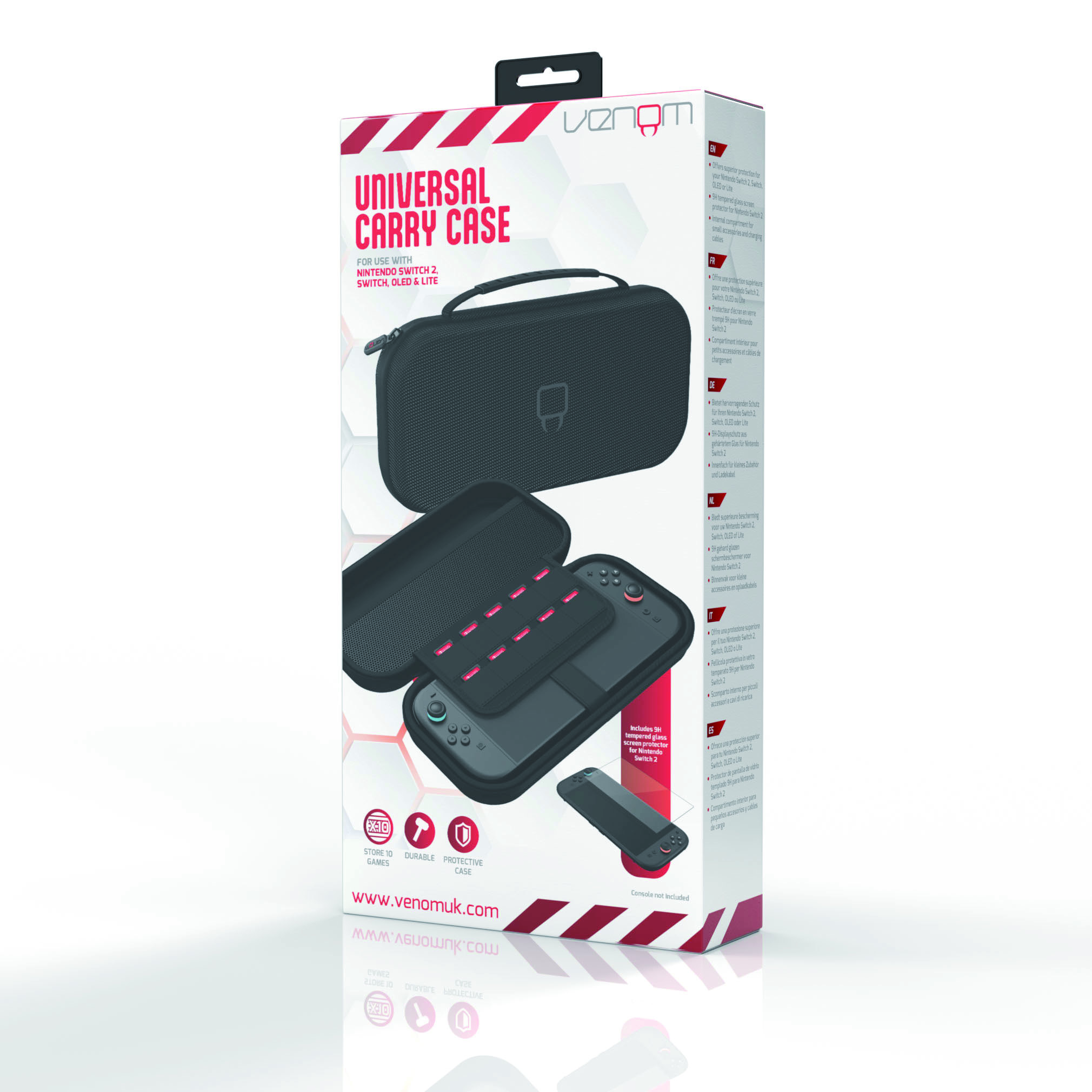A white box with carry case picture and text, with a game controller.