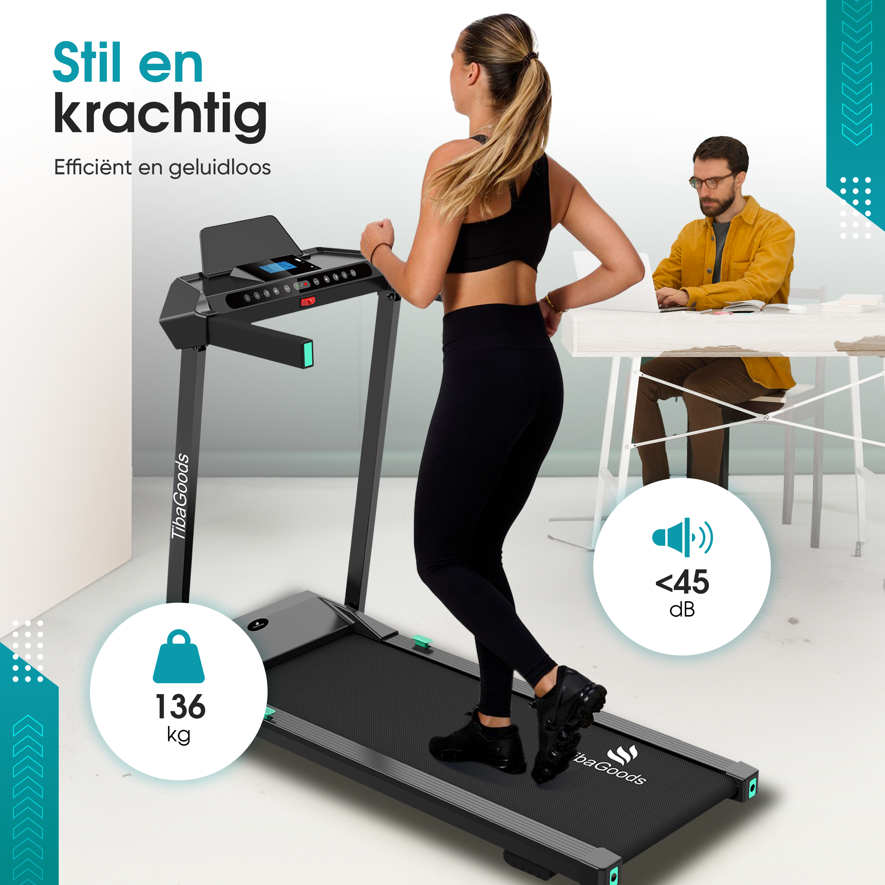 A woman runs on a black treadmill. A man sits at a desk. Text: Stil en Krachtig. 