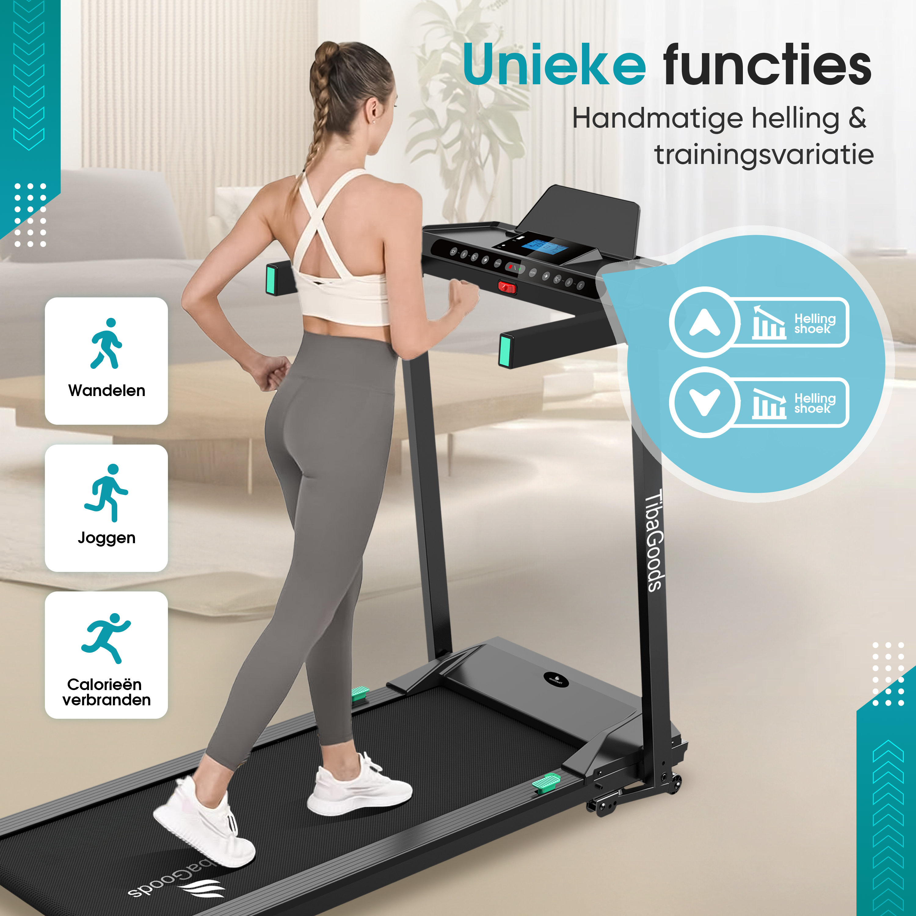Woman running on a black treadmill with a detailed view of the controls.
