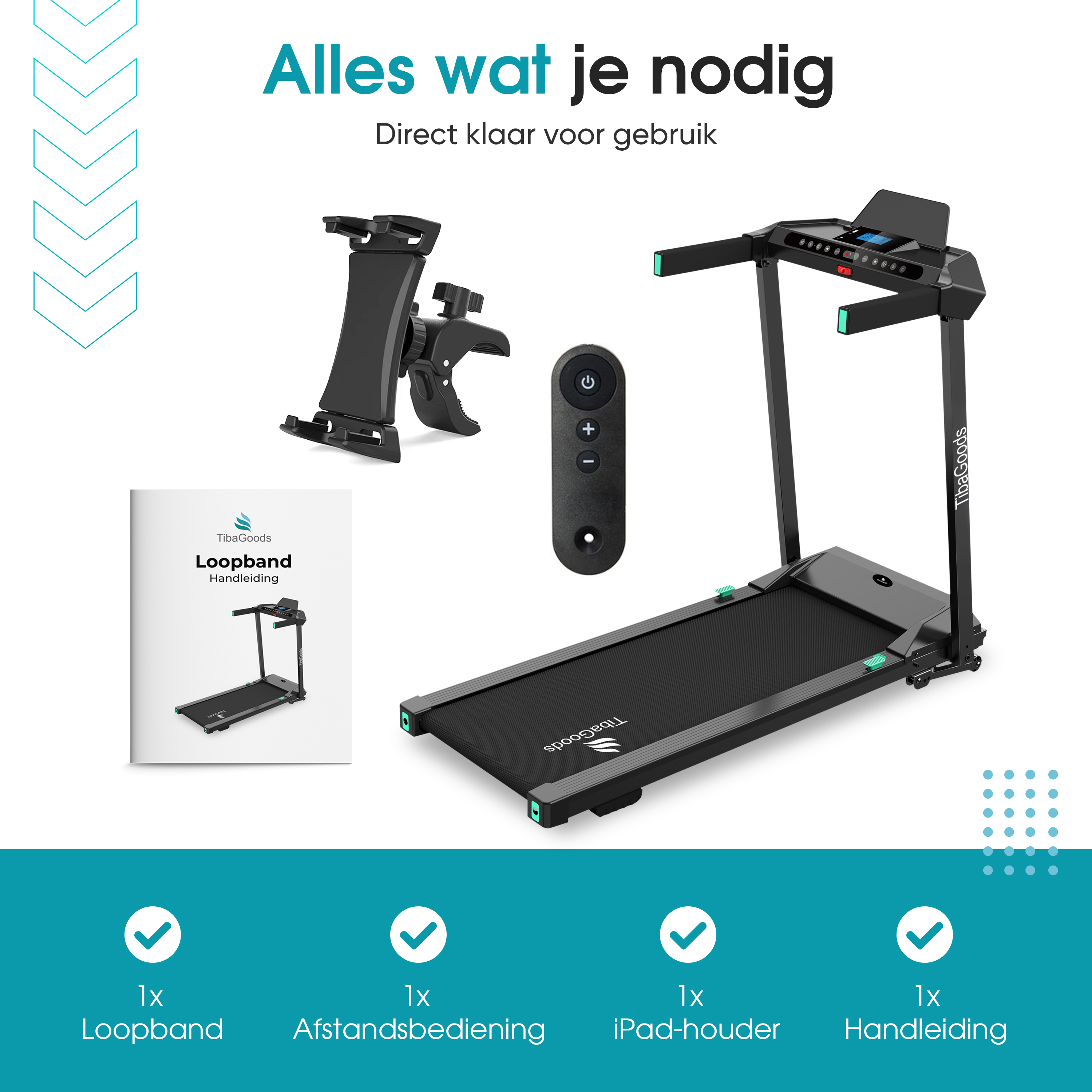 Treadmill with accessories: loop band, remote control, iPad holder, and manual. Text: Everything you need.