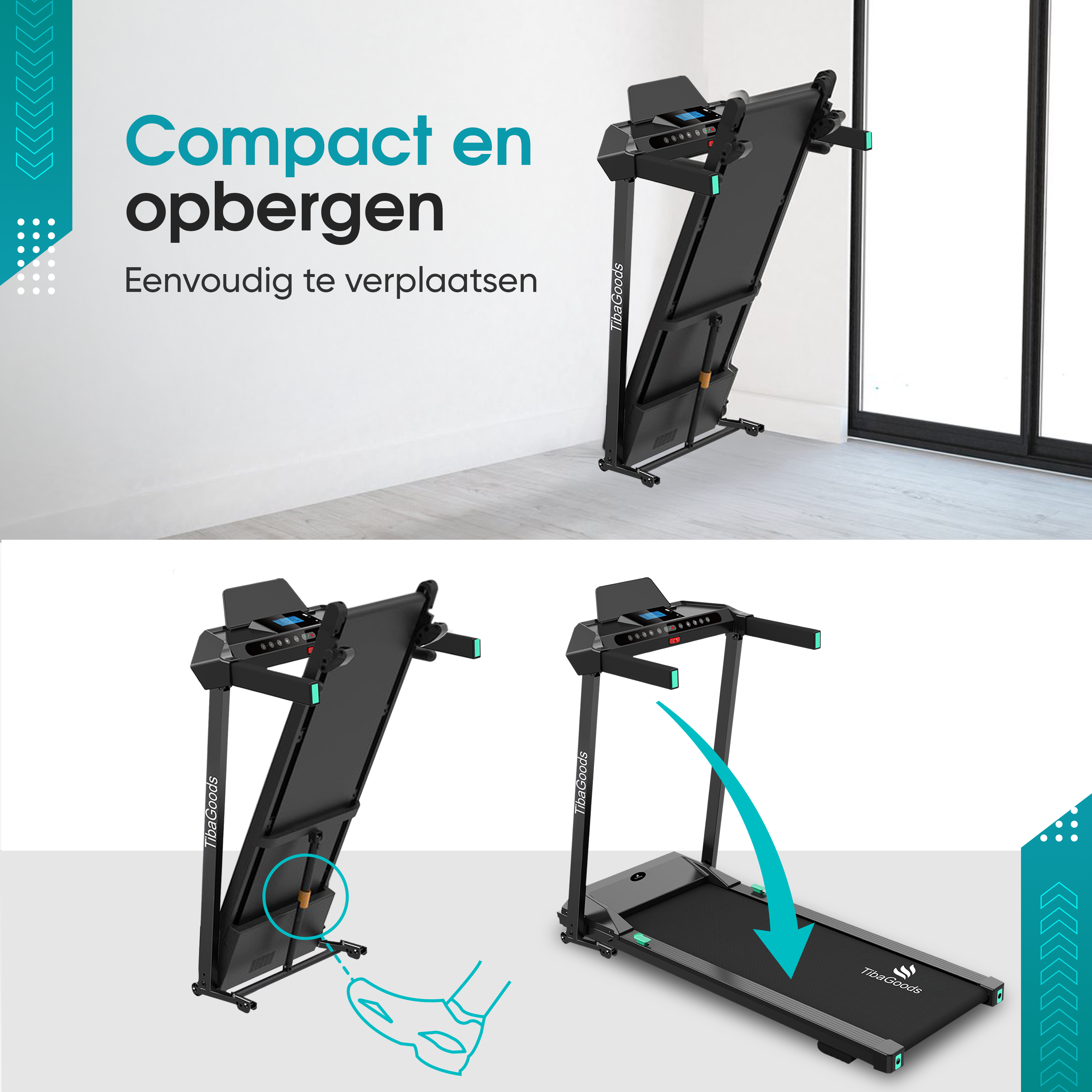 Images of treadmills in different positions. Text: Compact and easy to store.