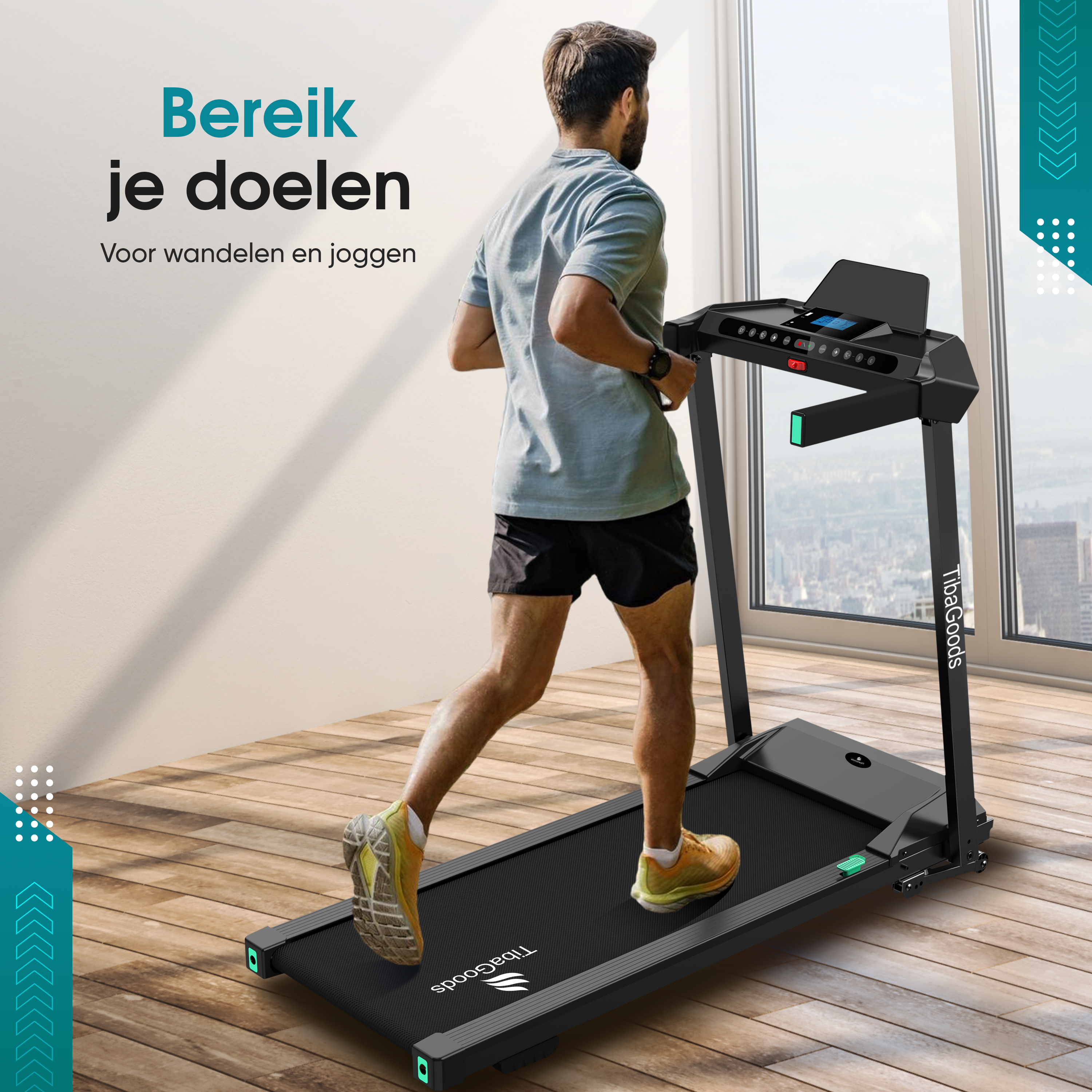 Man running on a black treadmill. Text overlay: 'Reach your goals. For walking and jogging'. Wooden floor.