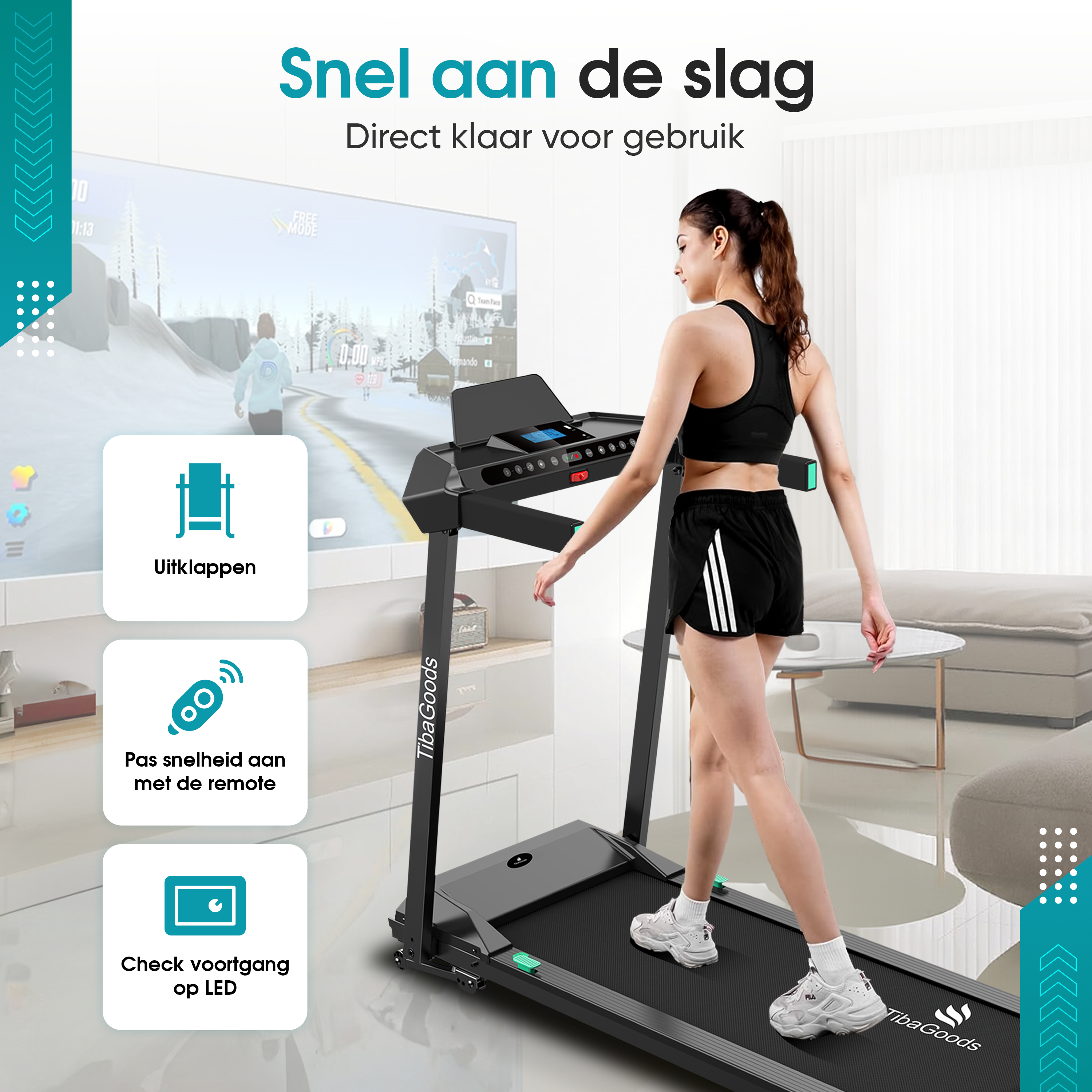 A woman walks on a treadmill. Text: Direct ready to use. Icons of unfolding, remote control.