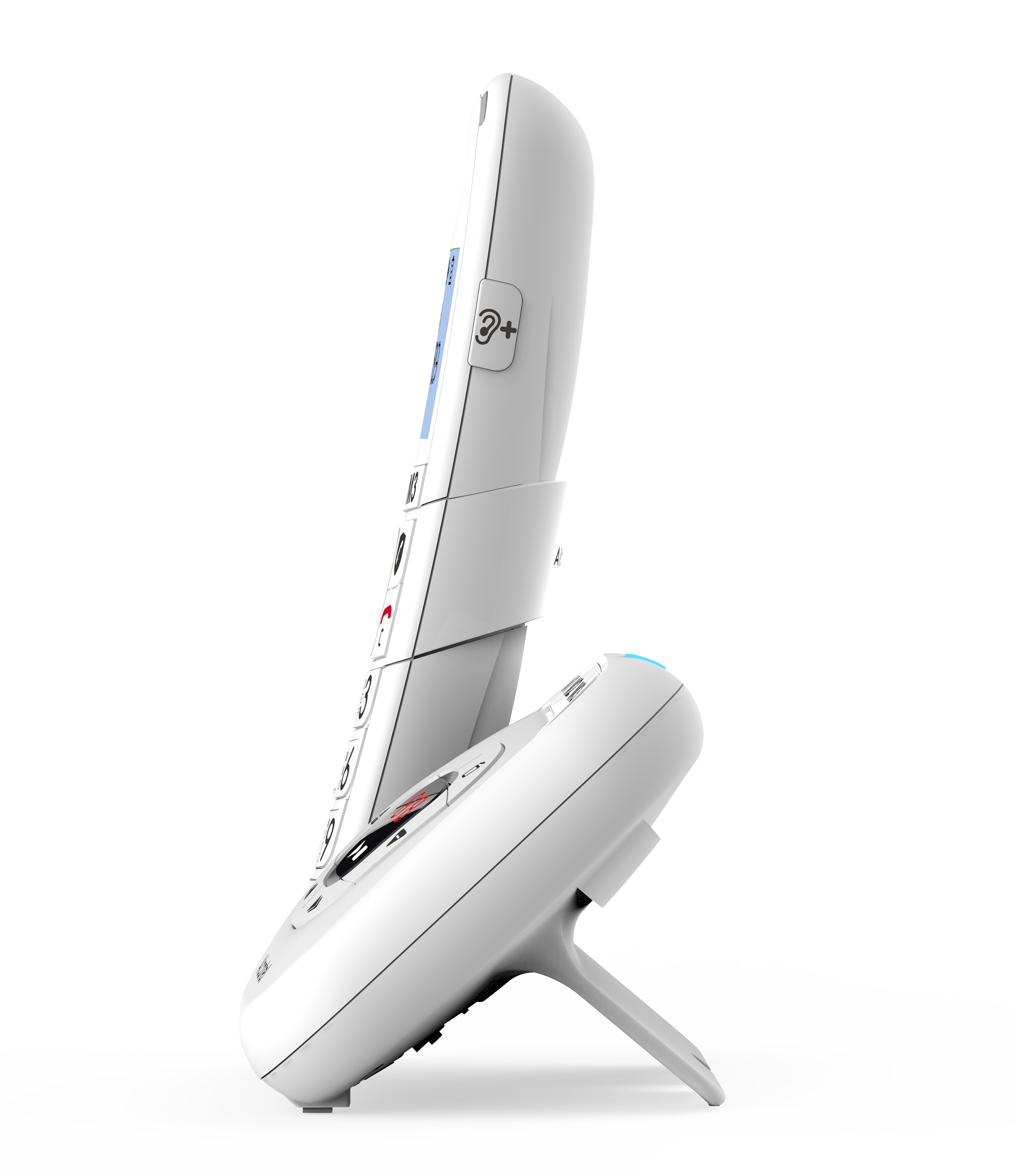 Een witte draadloze telefoonbasis en handset, zijaanzicht.