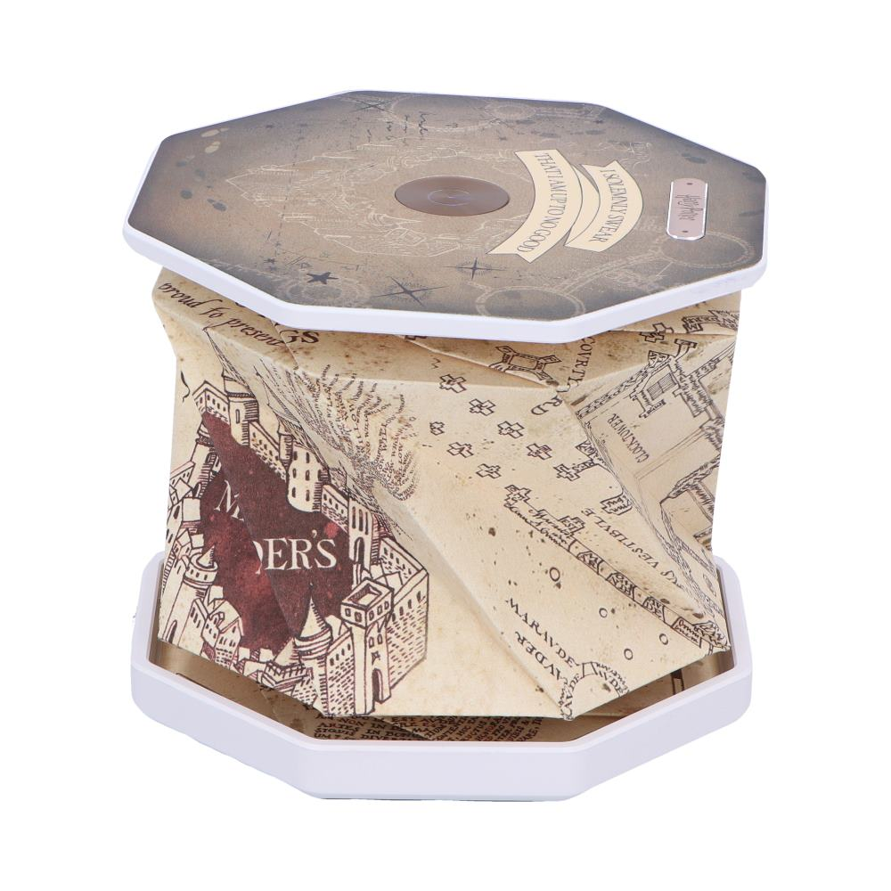 Map-themed lamp with an open top. The base and top are white. The lamp is folded, showing map details. 
