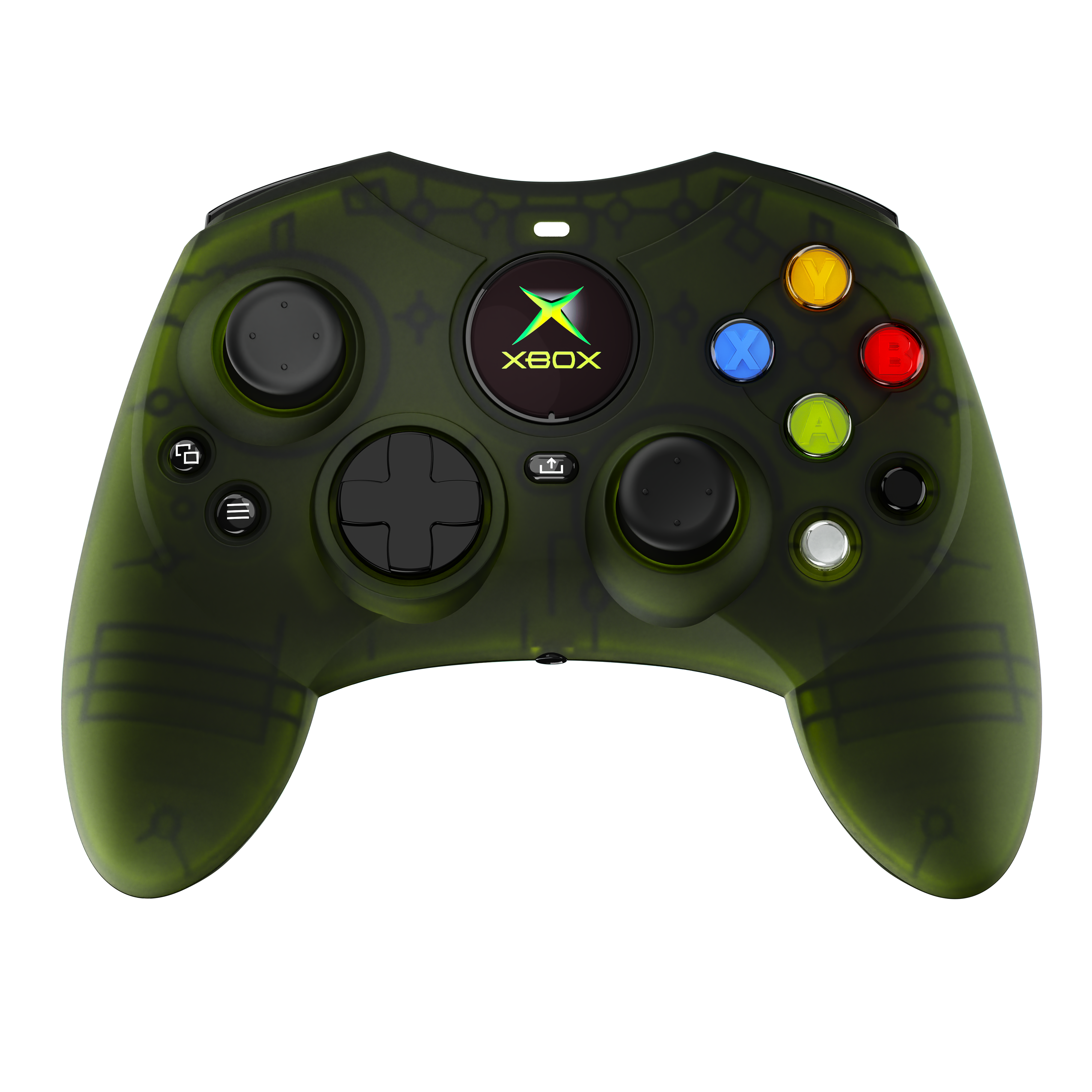 Green Xbox controller. Black joysticks and buttons. Camouflage pattern.