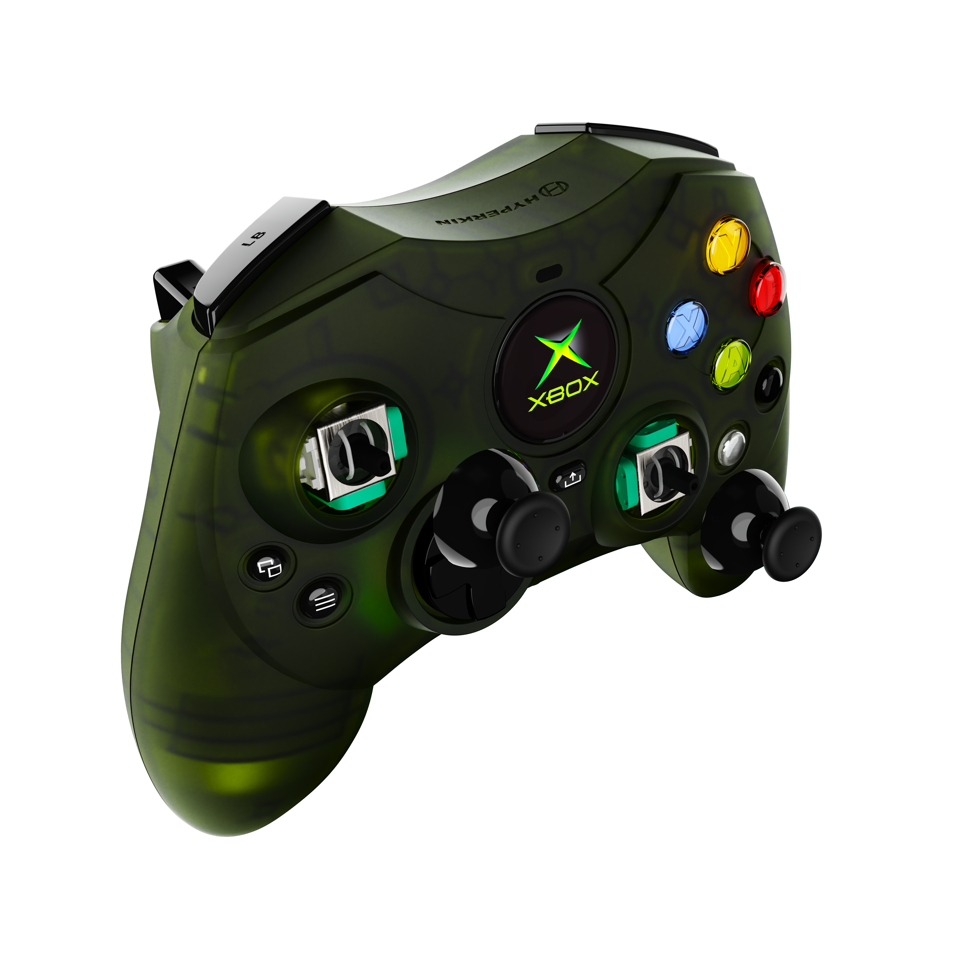 Green Xbox controller. Black joysticks and buttons. Camouflage pattern.