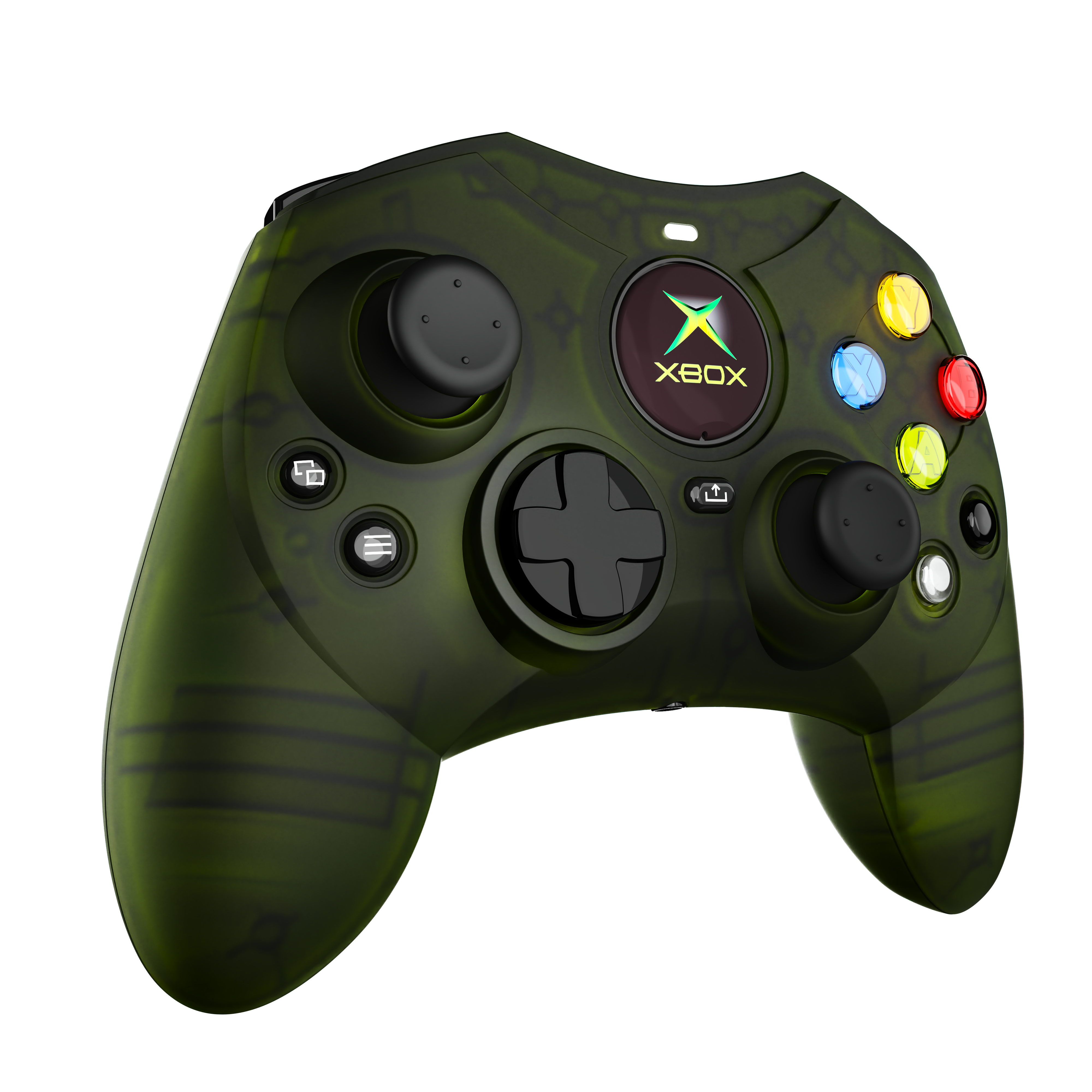 Green Xbox controller. Black joysticks and buttons. Camouflage pattern.