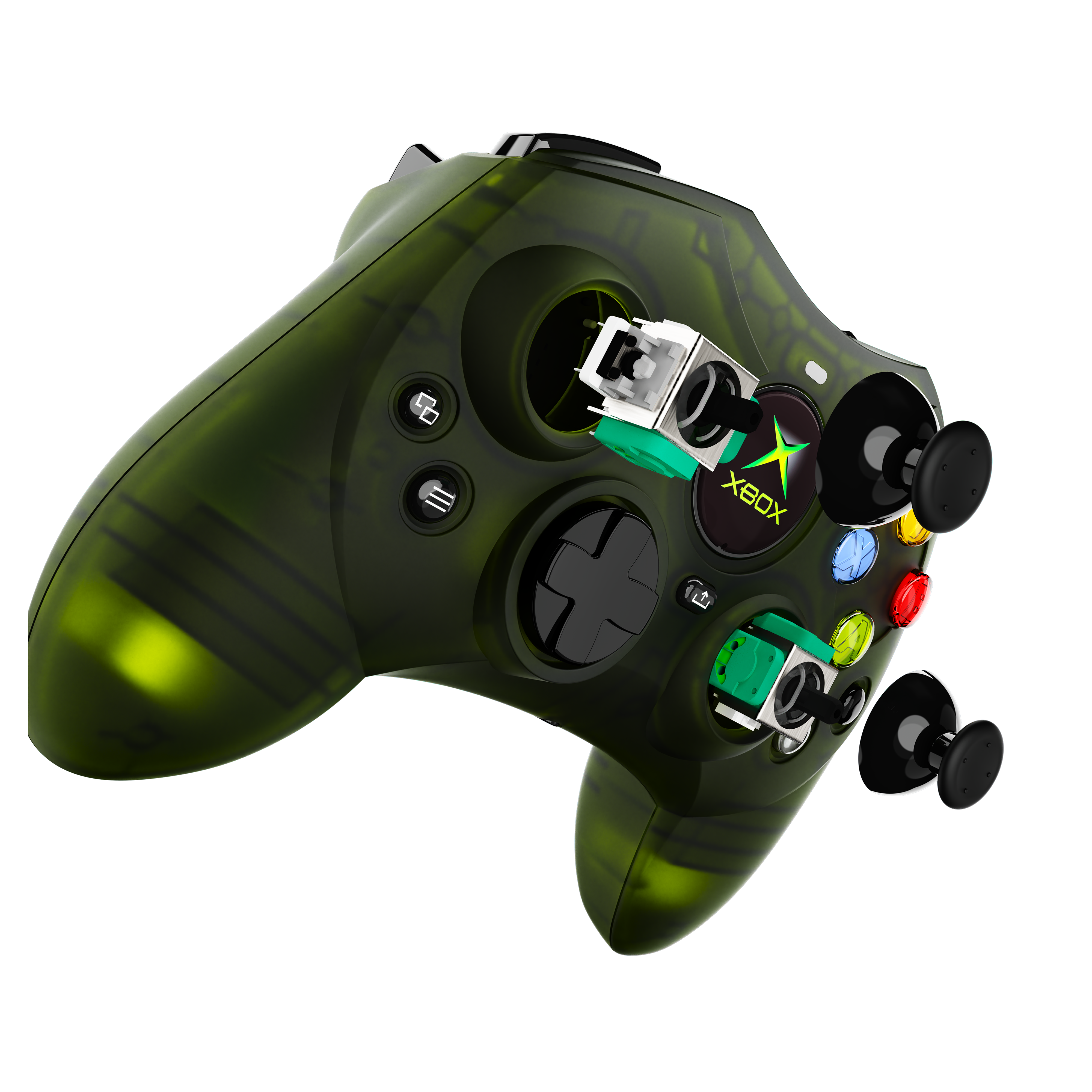 Green Xbox controller, partially disassembled, showing internal components.