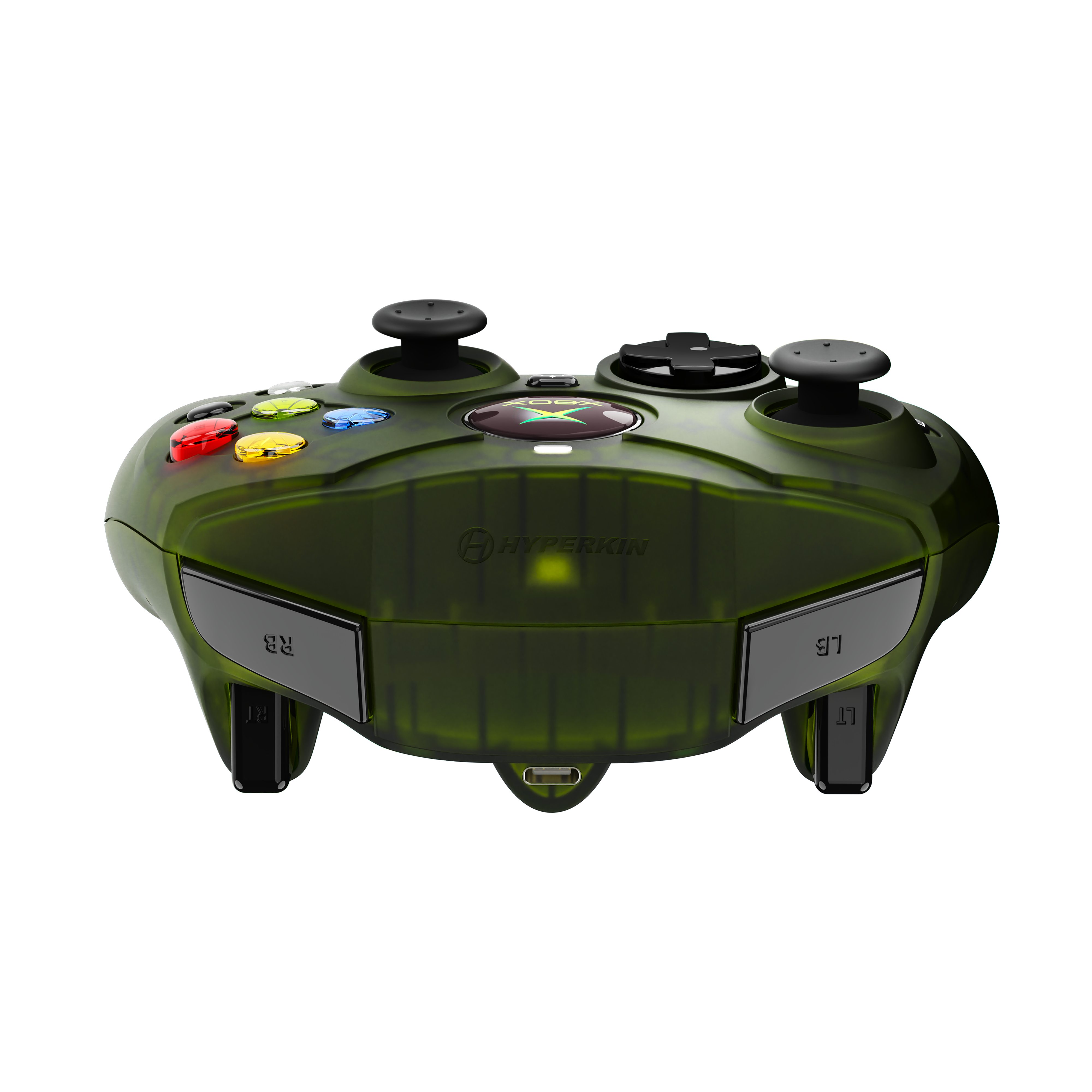 Green, transparent Hyperkin Xbox controller. Features buttons and joysticks. Has 'Hyperkin' logo and Xbox logo, with black details.