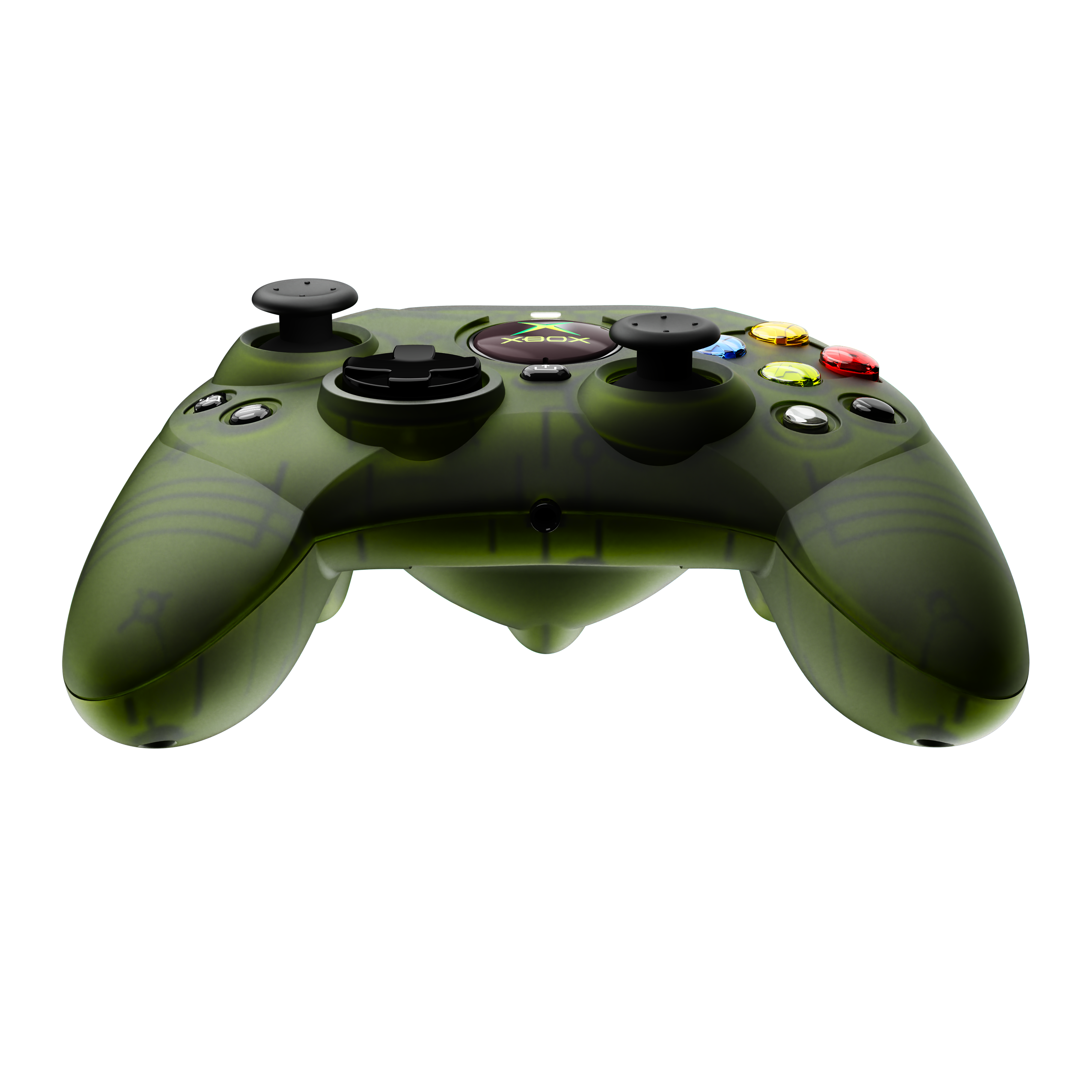 Green Xbox controller. Black joysticks and buttons. Camouflage pattern.
