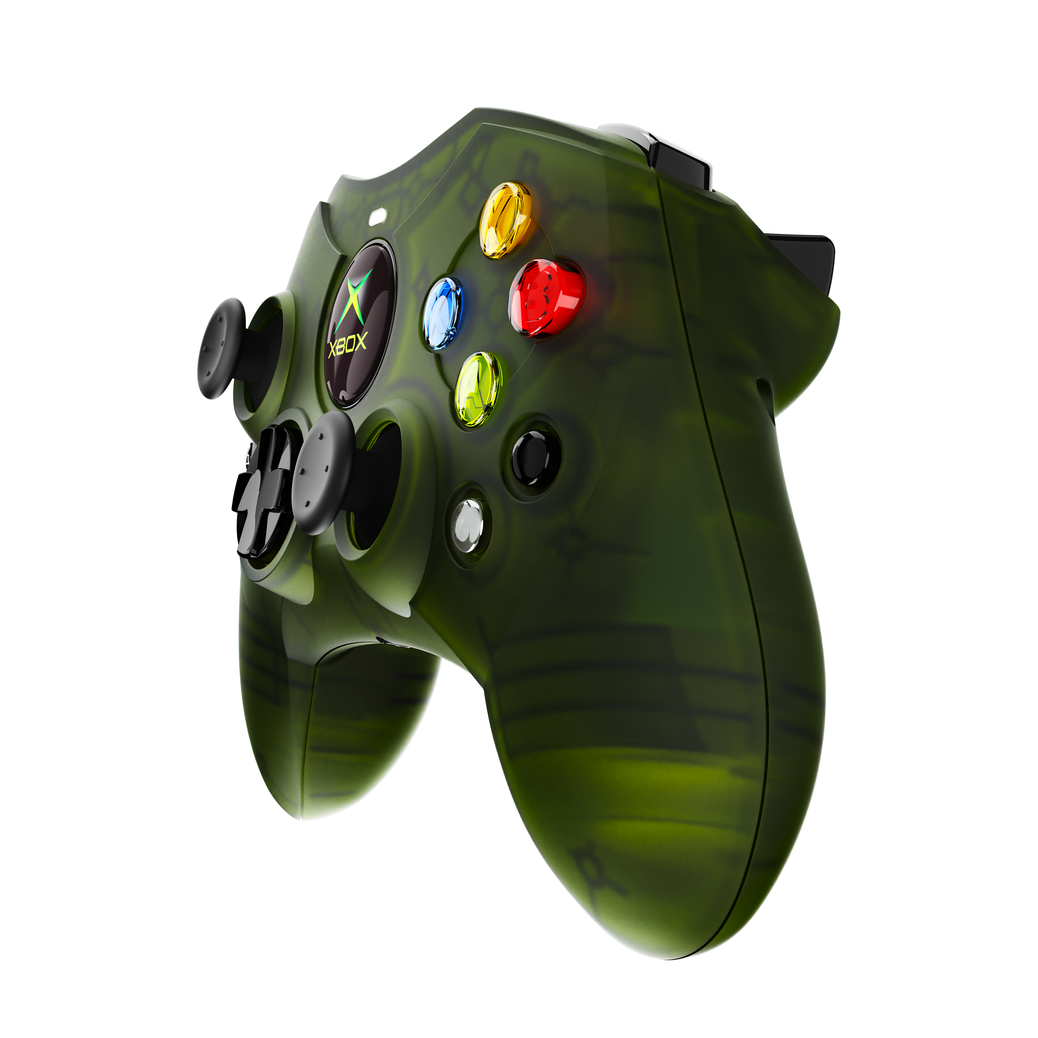 Green Xbox controller. Black joysticks and buttons. Camouflage pattern.