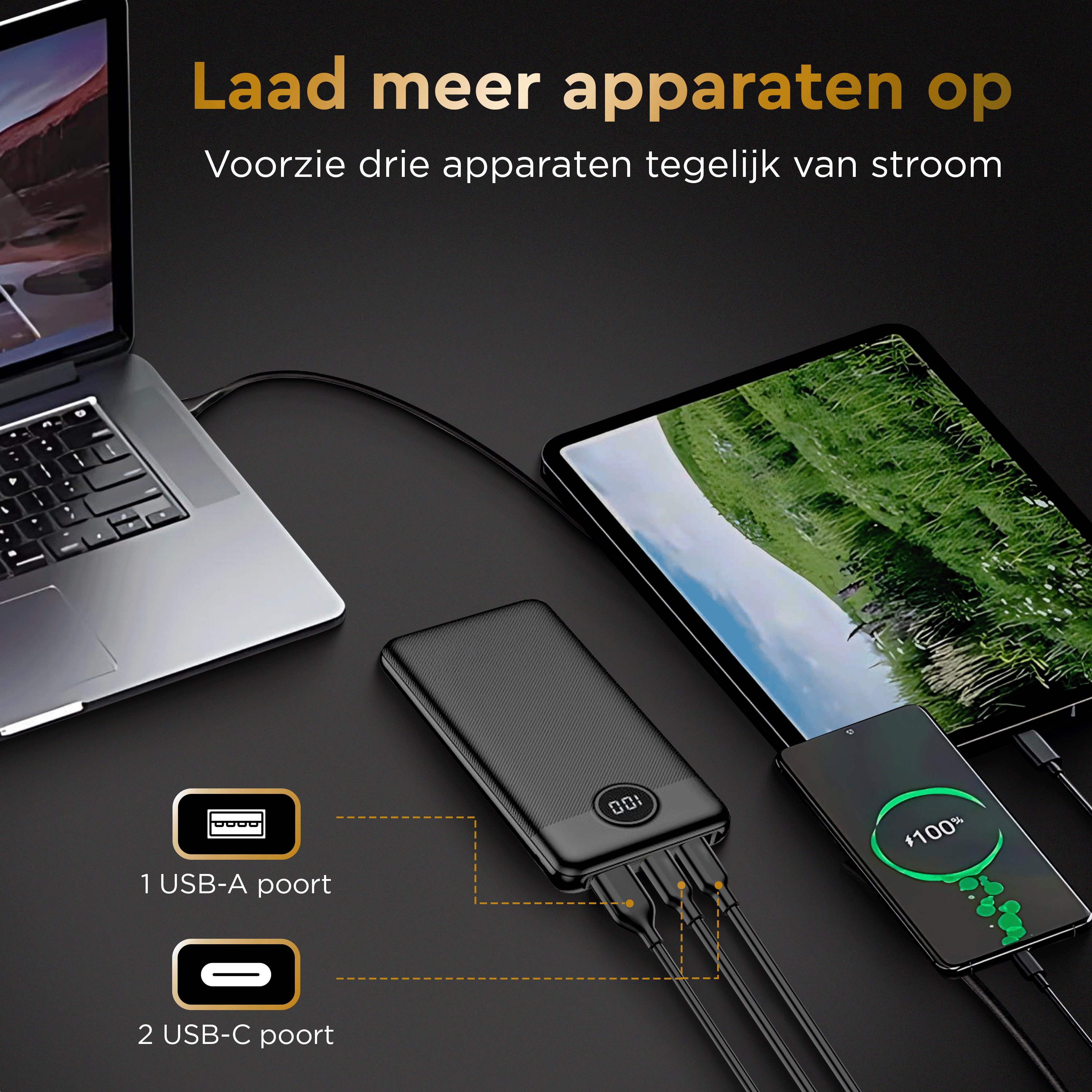 Batterie externe chargeant plusieurs appareils, dont un ordinateur portable, une tablette et un smartphone.