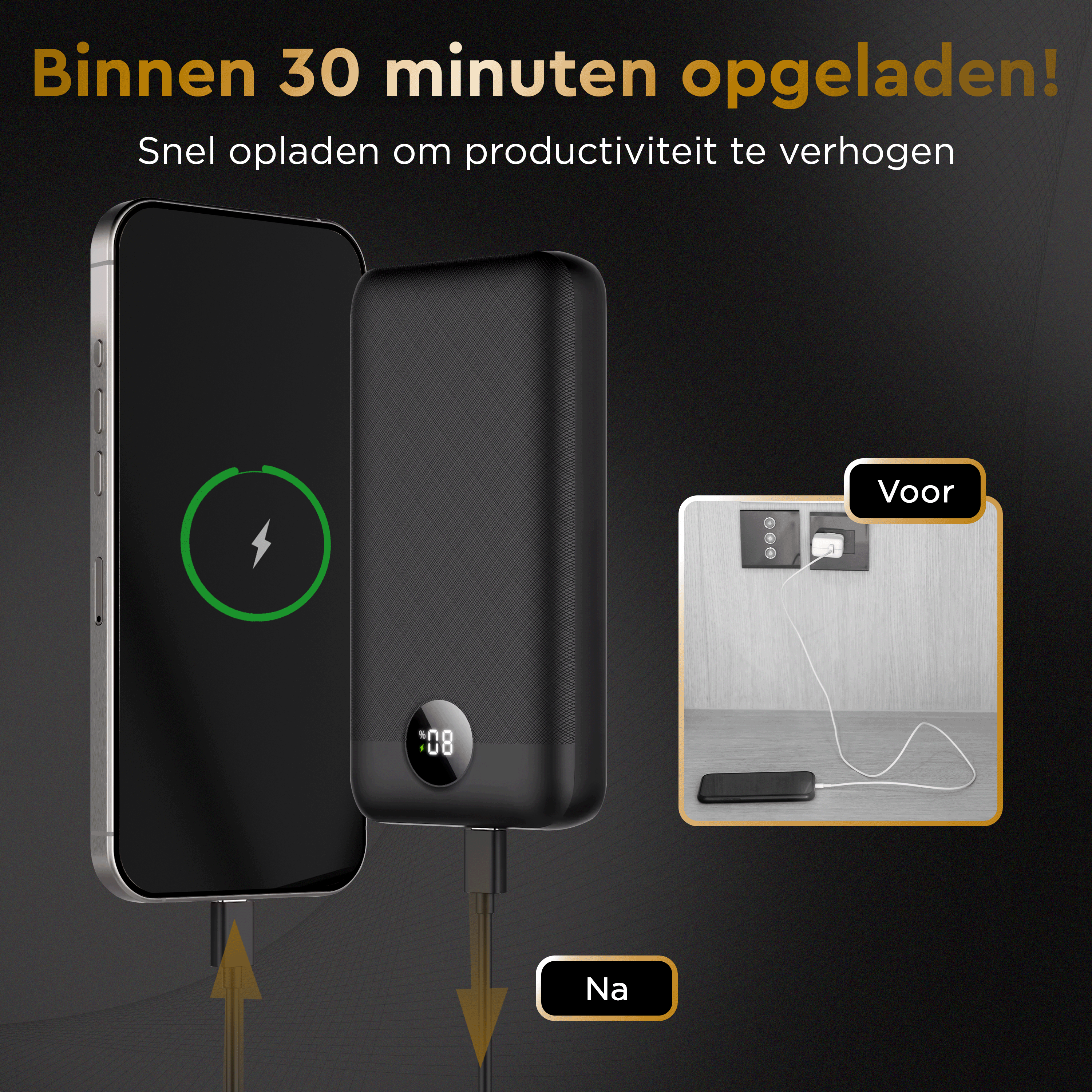 Un smartphone se charge avec une batterie externe. Une prise et une batterie externe sont affichées.