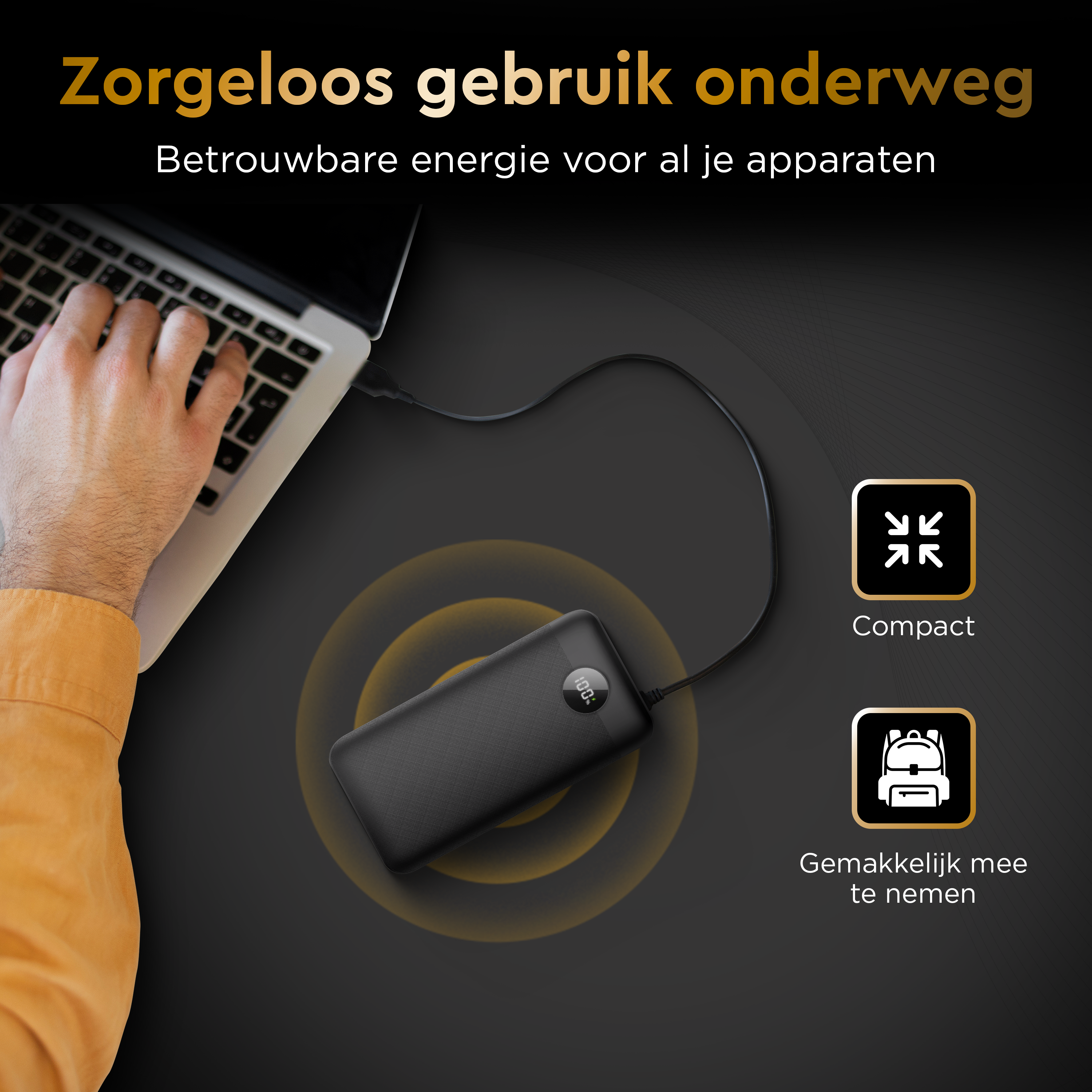 Personne utilisant un ordinateur portable avec une batterie externe en charge. Icônes sac à dos.