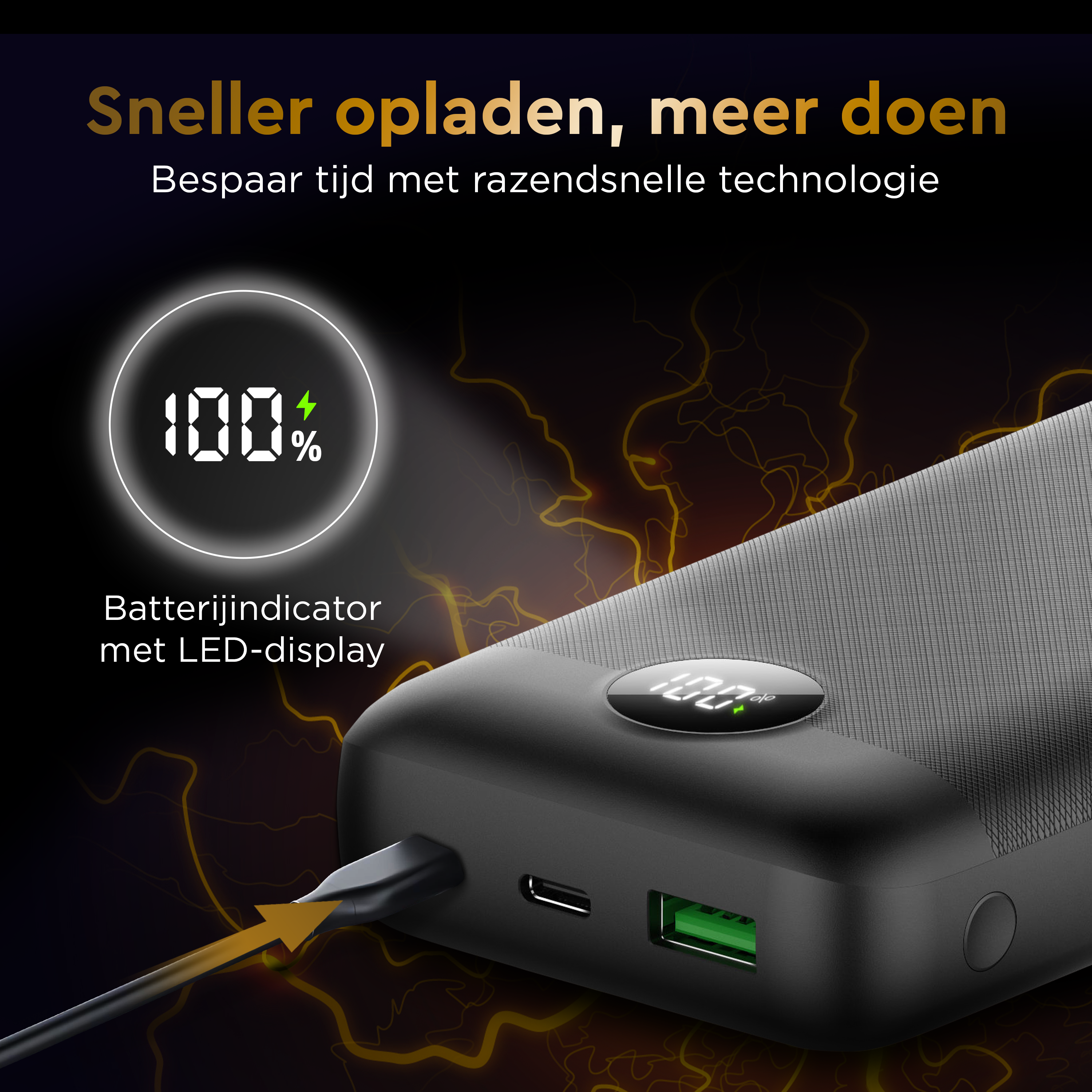 Une batterie externe noire avec un écran affichant 100%, connectée à un câble de charge.