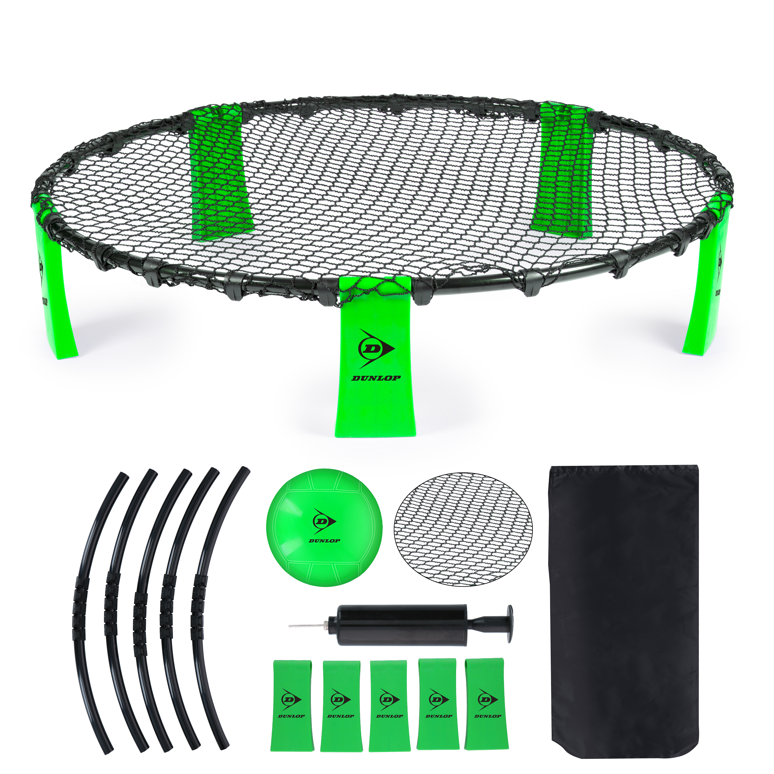 Spikeball set. Net, bal, pomp en accessoires worden getoond.