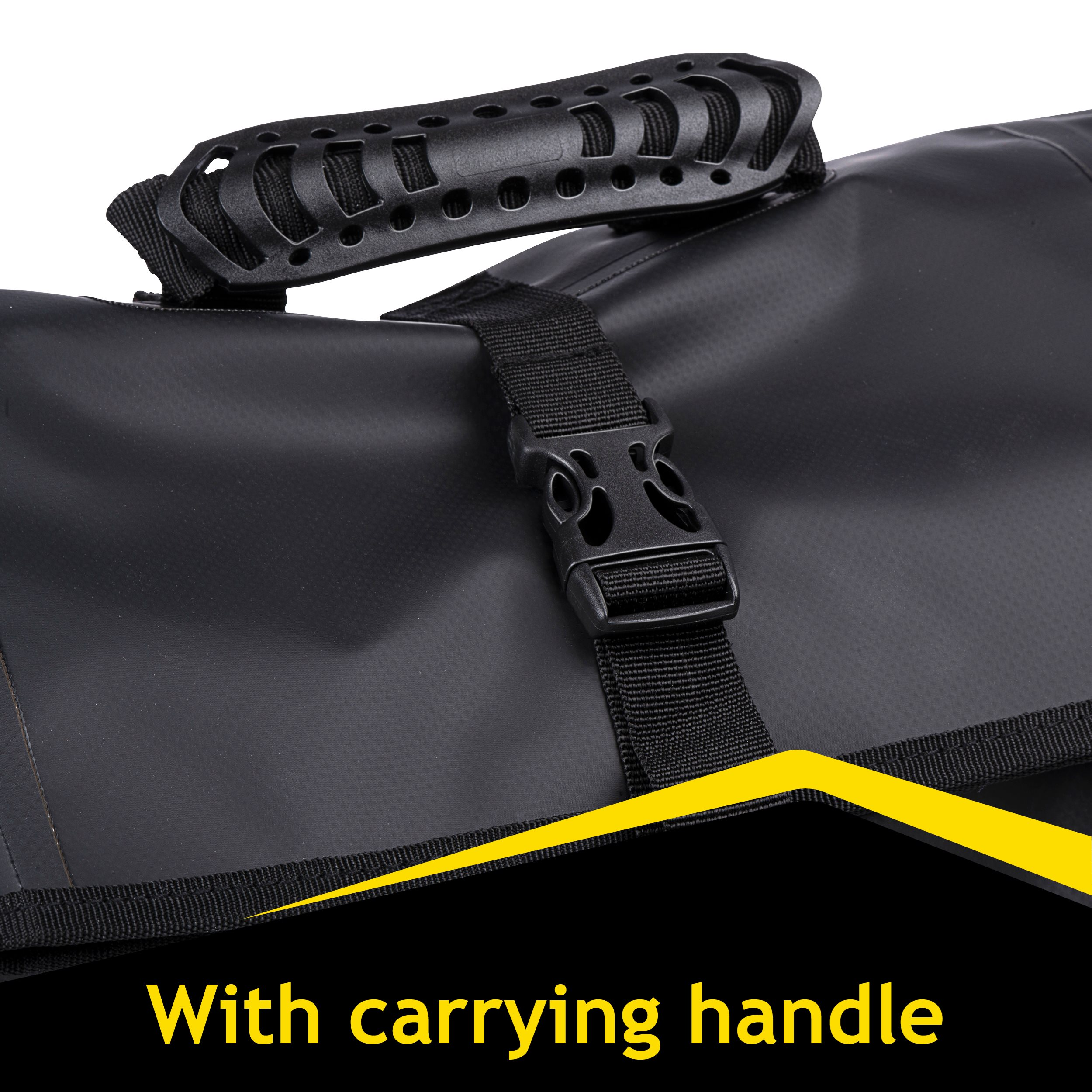 Zwarte tas met een handvat, zwarte gesp en riem. Tekst: Met draaghendel.